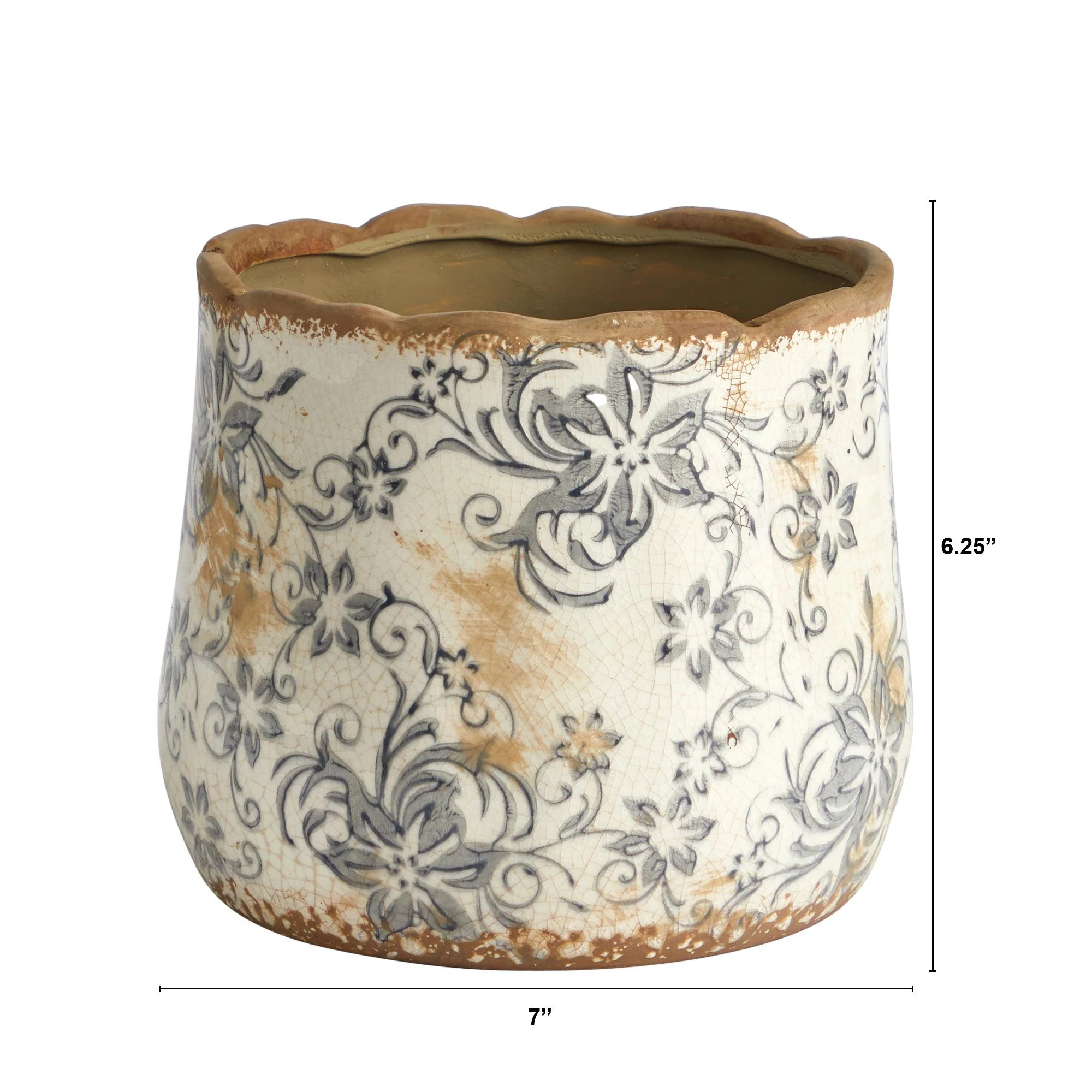 7” Tuscan Ceramic Gray Scroll Planter - Image 3