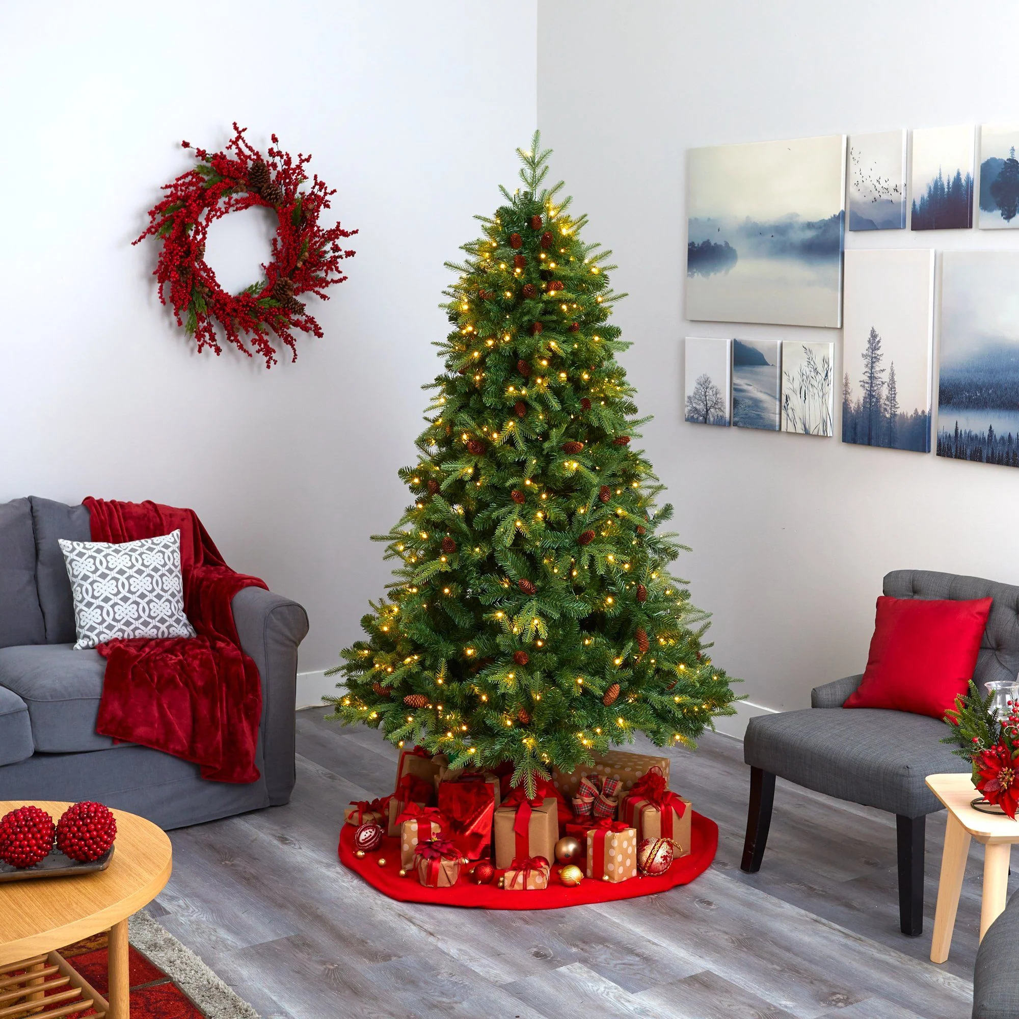7’ Wellington Spruce “Natural Look” Artificial Christmas Tree with 400 Clear LED Lights and Pine Cones - Image 6
