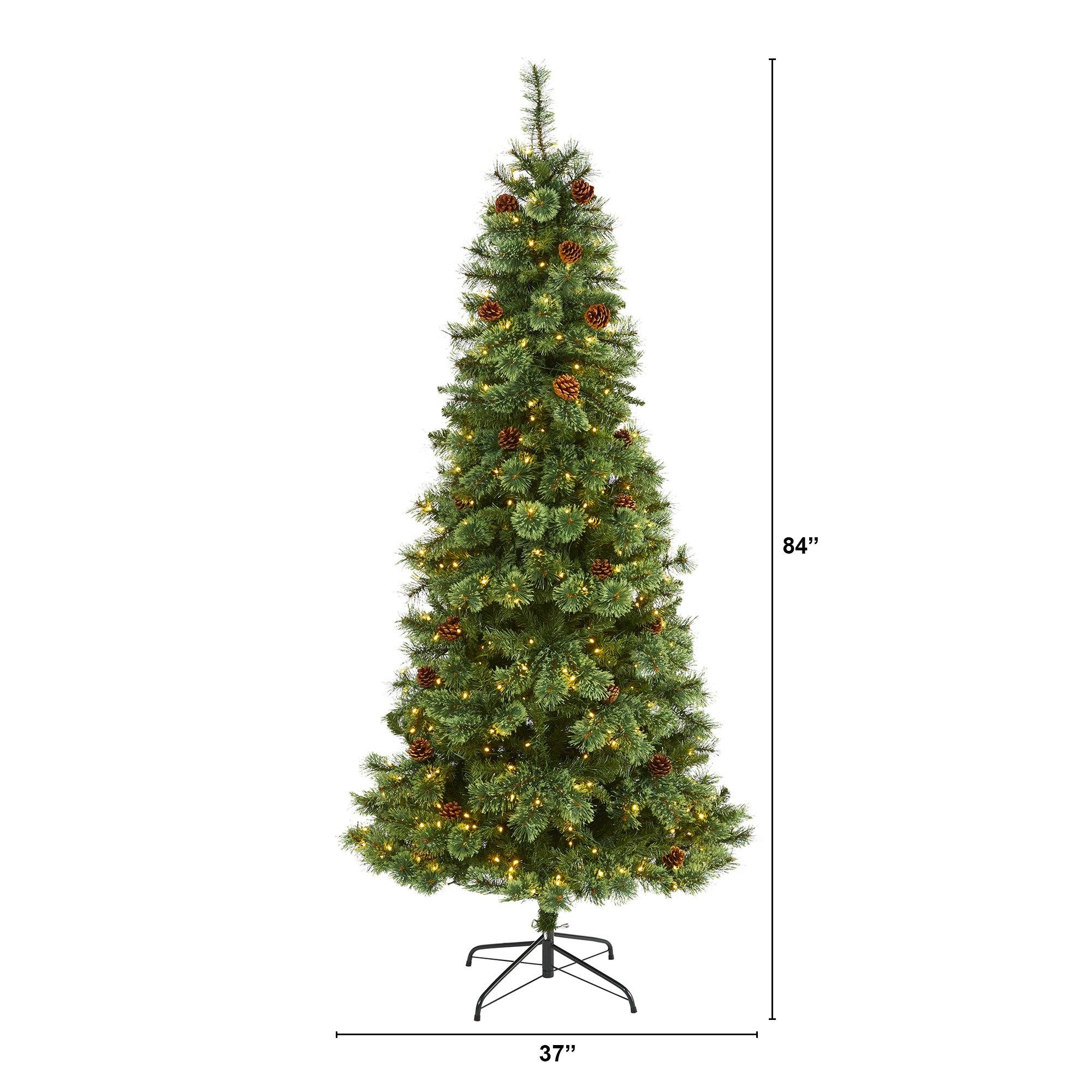 7’ White Mountain Pine Artificial Christmas Tree with 400 Clear LED Lights and Pine Cones - Image 2