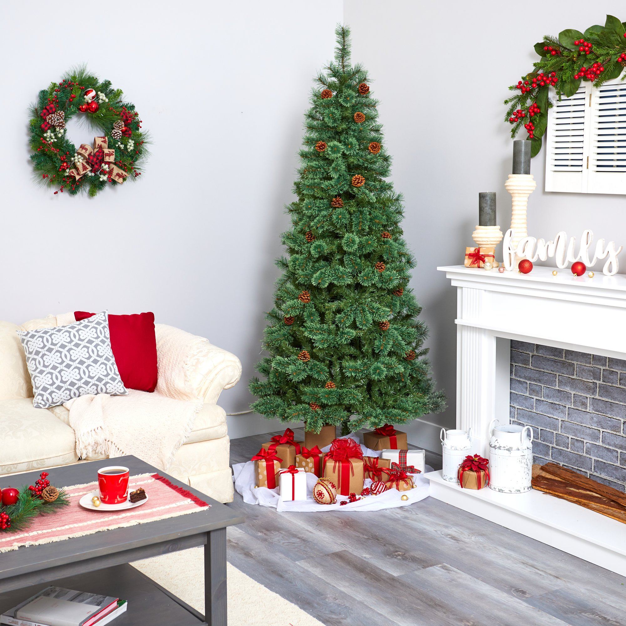 7’ White Mountain Pine Artificial Christmas Tree with 400 Clear LED Lights and Pine Cones - Image 6