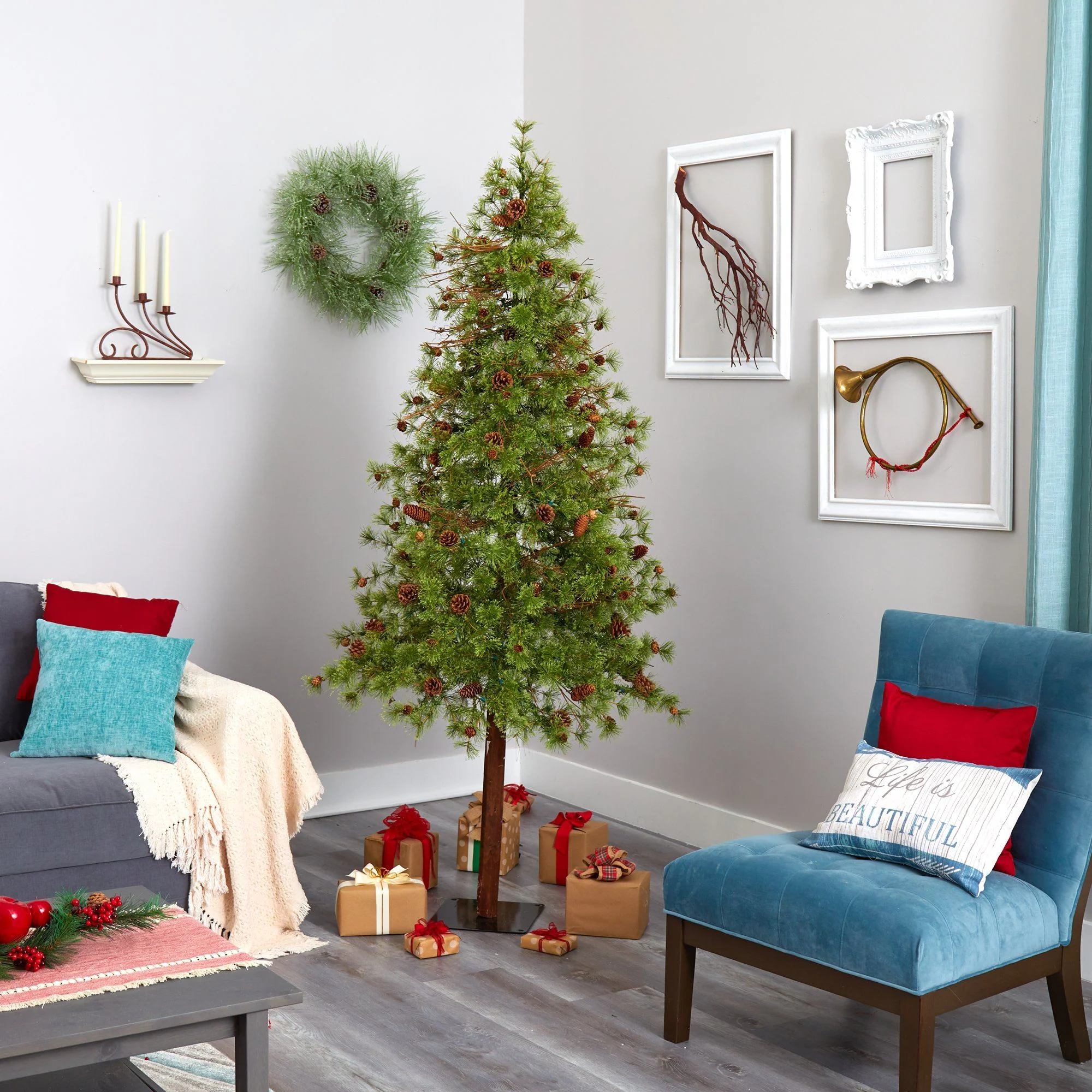 7' Wyoming Alpine Artificial Christmas Tree with 200 Clear (multifunction) LED Lights and Pine Cones on Natural Trunk - Image 6