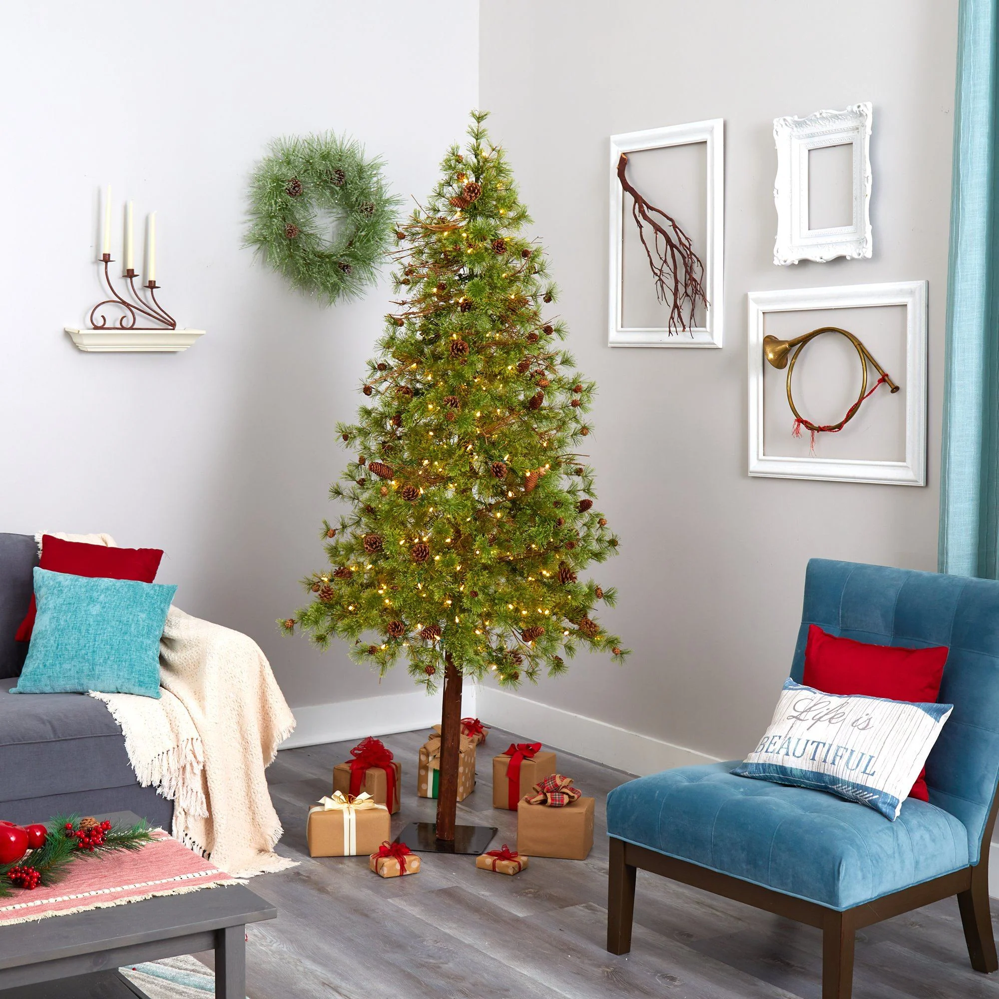 7' Wyoming Alpine Artificial Christmas Tree with 200 Clear (multifunction) LED Lights and Pine Cones on Natural Trunk - Image 8
