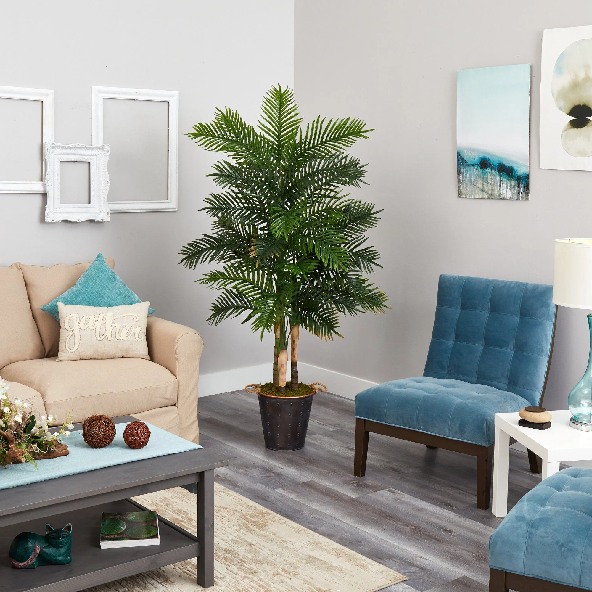 70” Areca Palm Artificial Tree in Decorative Metal Pail with Rope (Real Touch) - Image 3