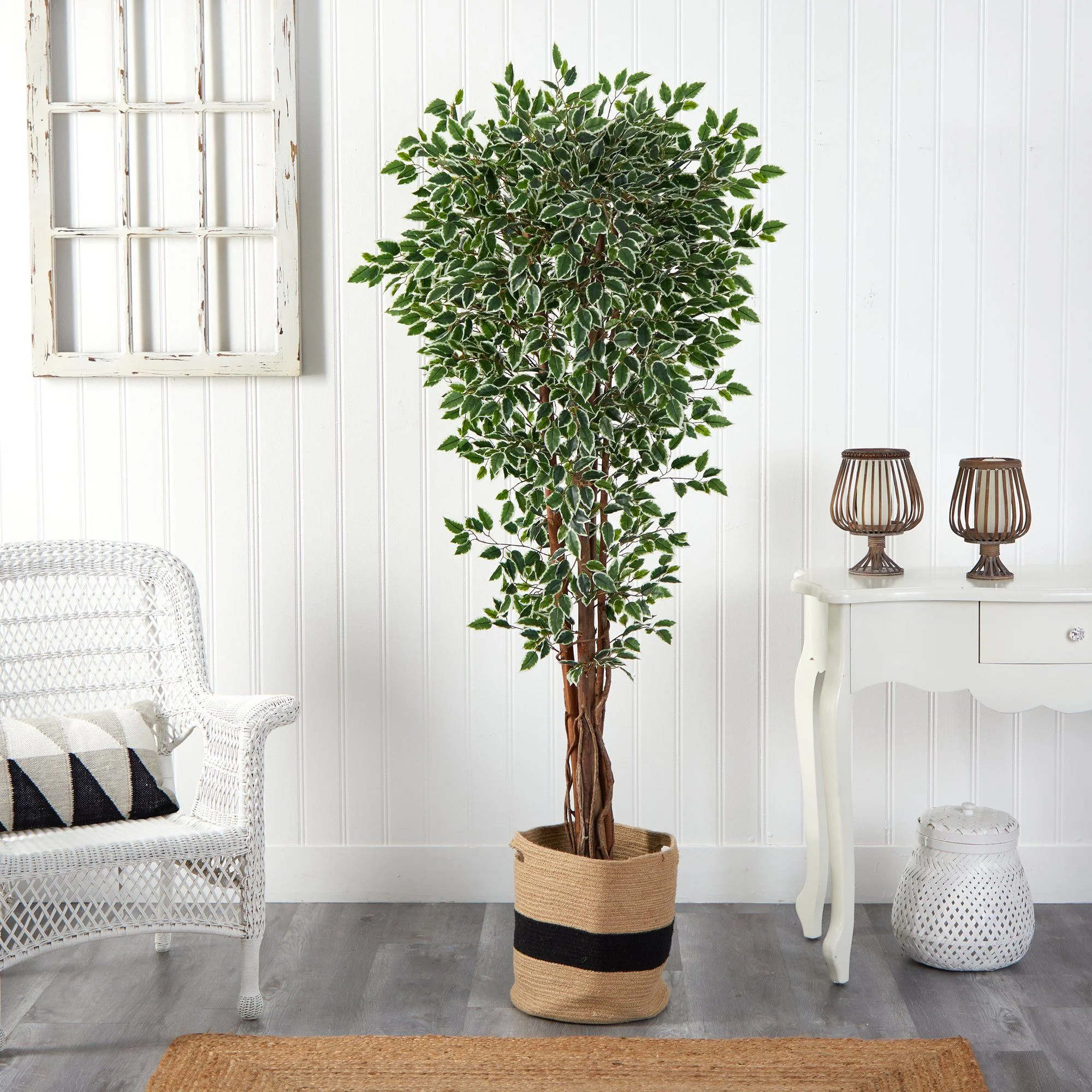 70” Variegated Ficus Artificial Tree in Handmade Natural Cotton Planter UV Resistant (Indoor/Outdoor) - Image 3