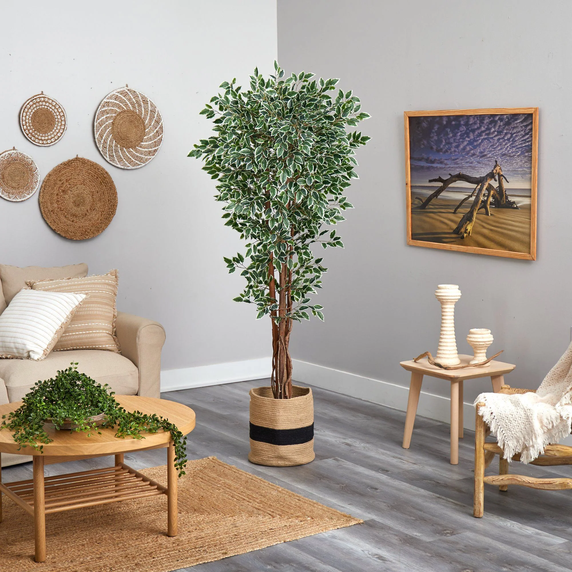 70” Variegated Ficus Artificial Tree in Handmade Natural Cotton Planter UV Resistant (Indoor/Outdoor) - Image 4