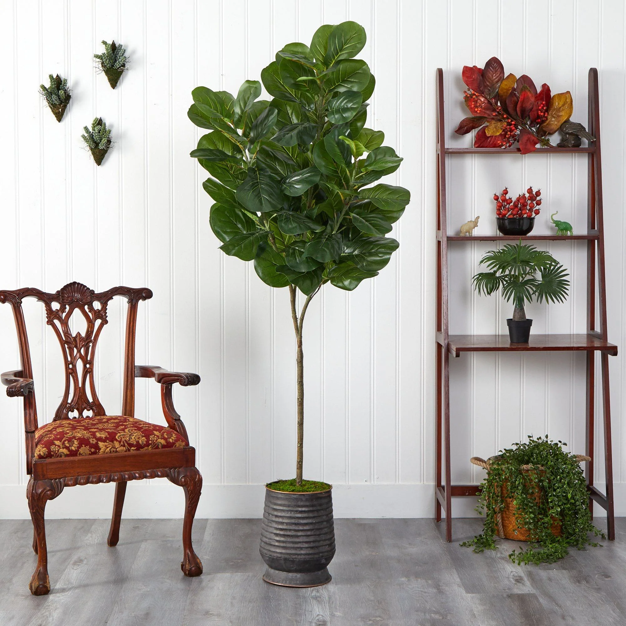 74” Fiddle leaf Fig Artificial Tree in Ribbed Metal Planter - Image 3