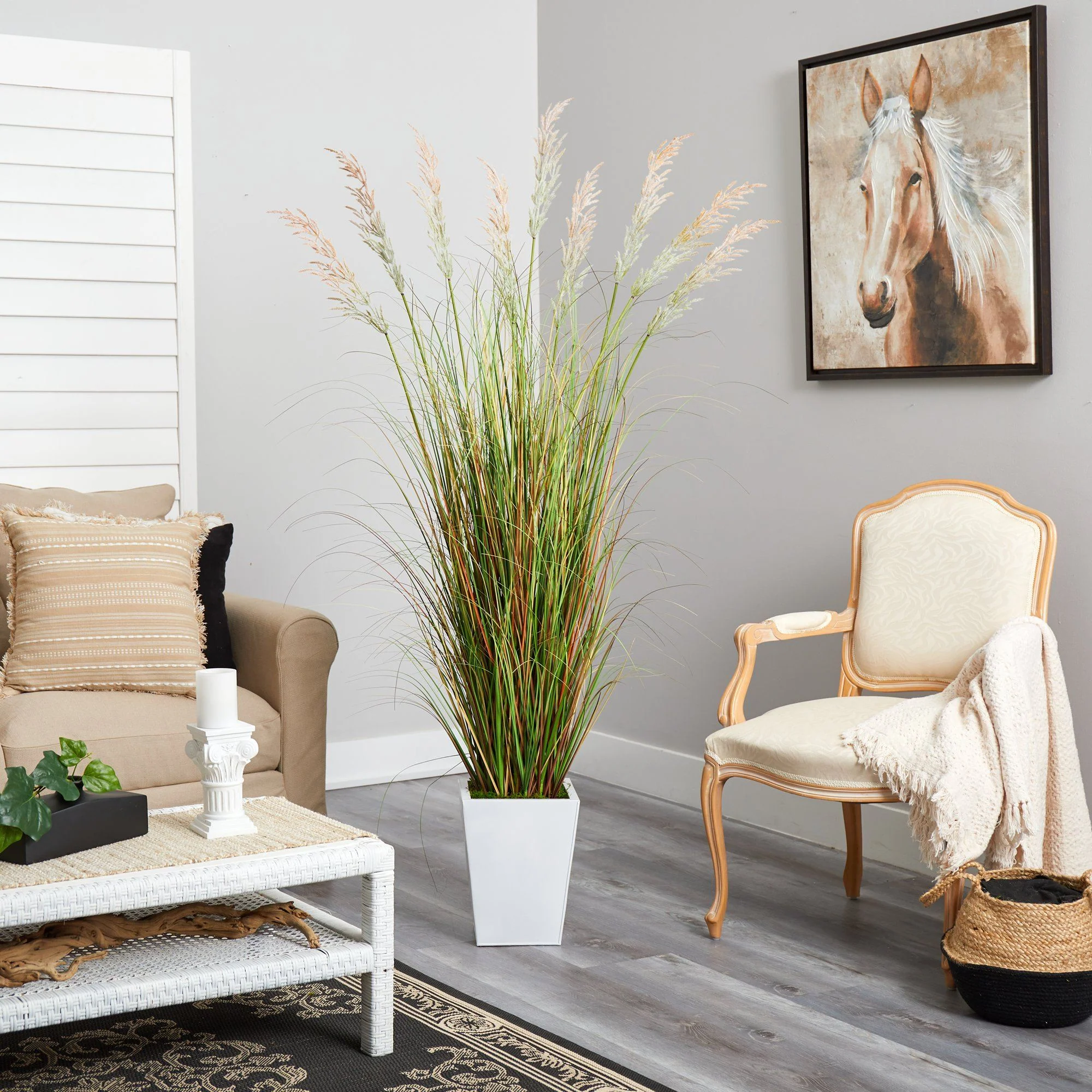 74” Grass Artificial Plant in White Metal Planter - Image 4