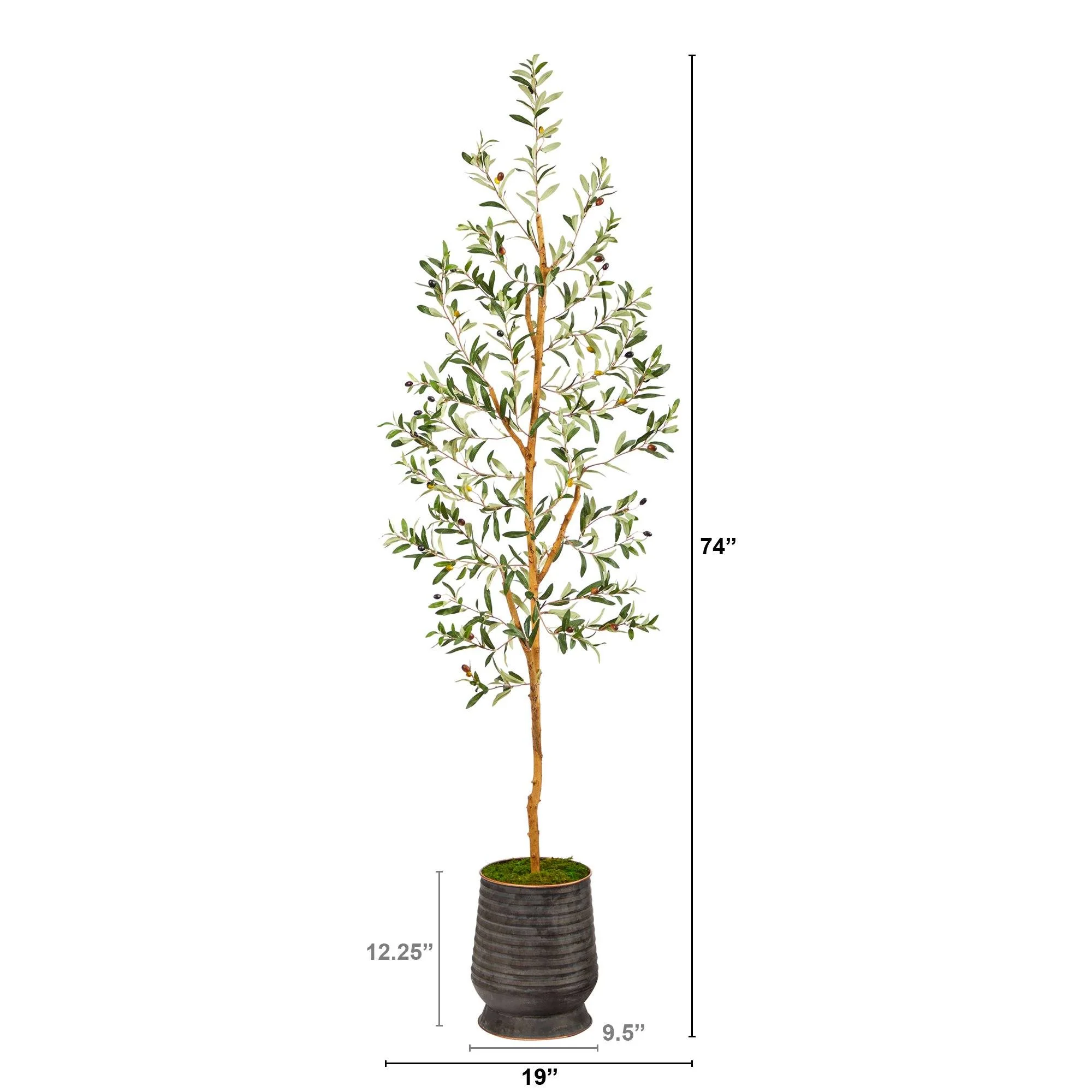 74” Olive Artificial Tree in Ribbed Metal Planter - Image 2