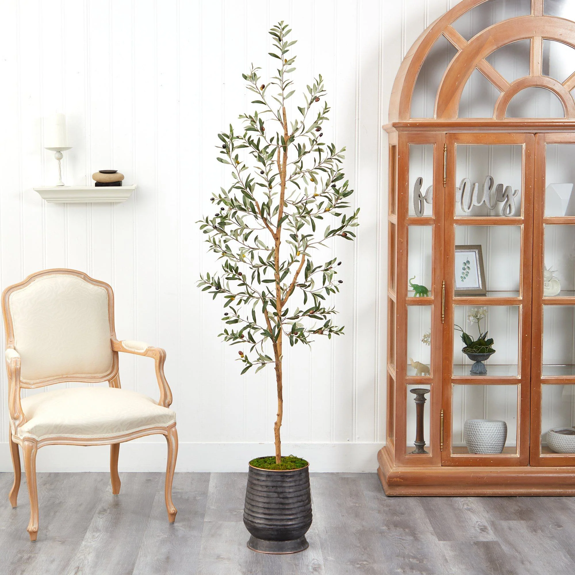 74” Olive Artificial Tree in Ribbed Metal Planter - Image 3