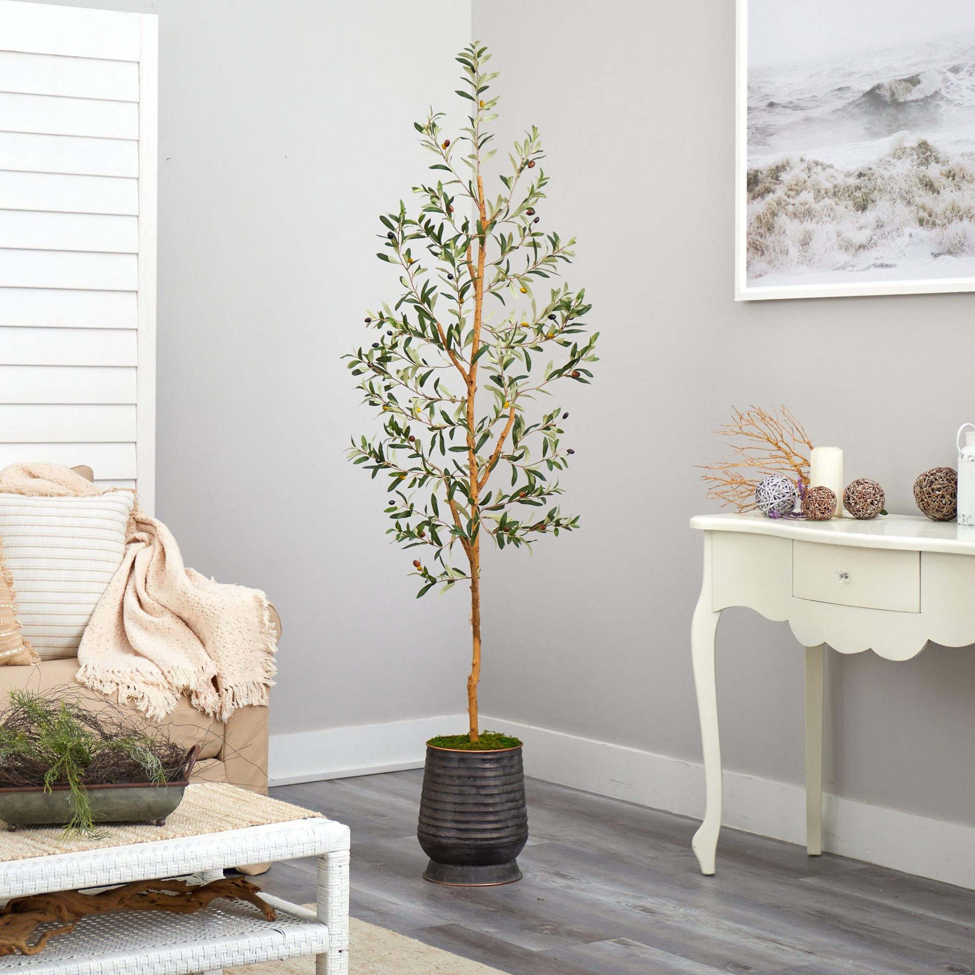 74” Olive Artificial Tree in Ribbed Metal Planter - Image 4