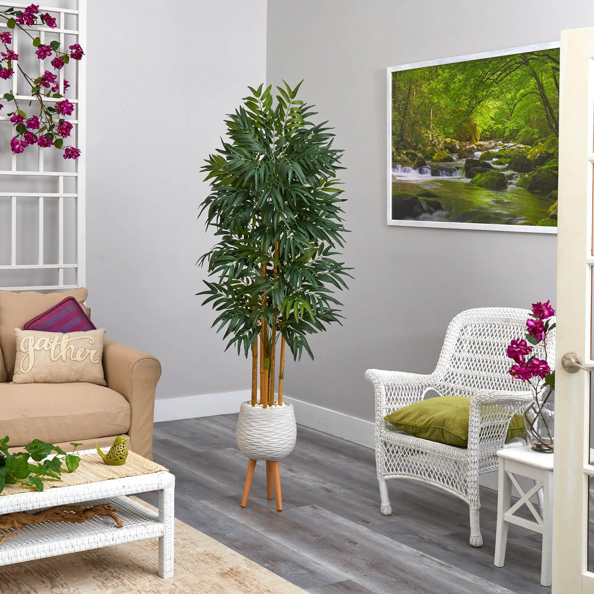 74” Phoenix Palm Artificial tree in White Planter with Stand - Image 3