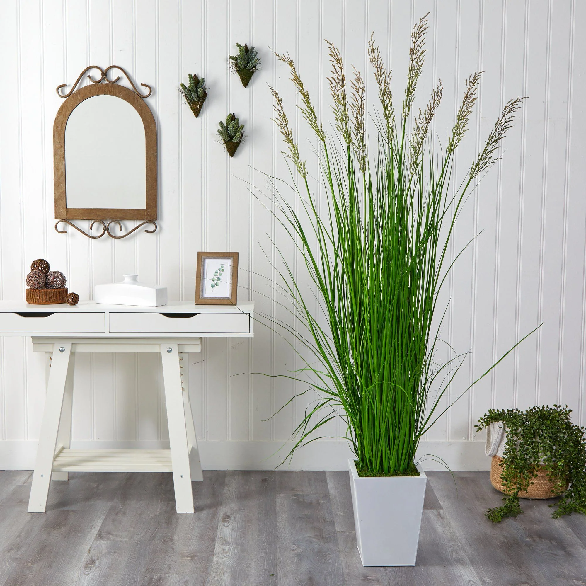 75” Grass Artificial Plant in White Metal Planter - Image 3