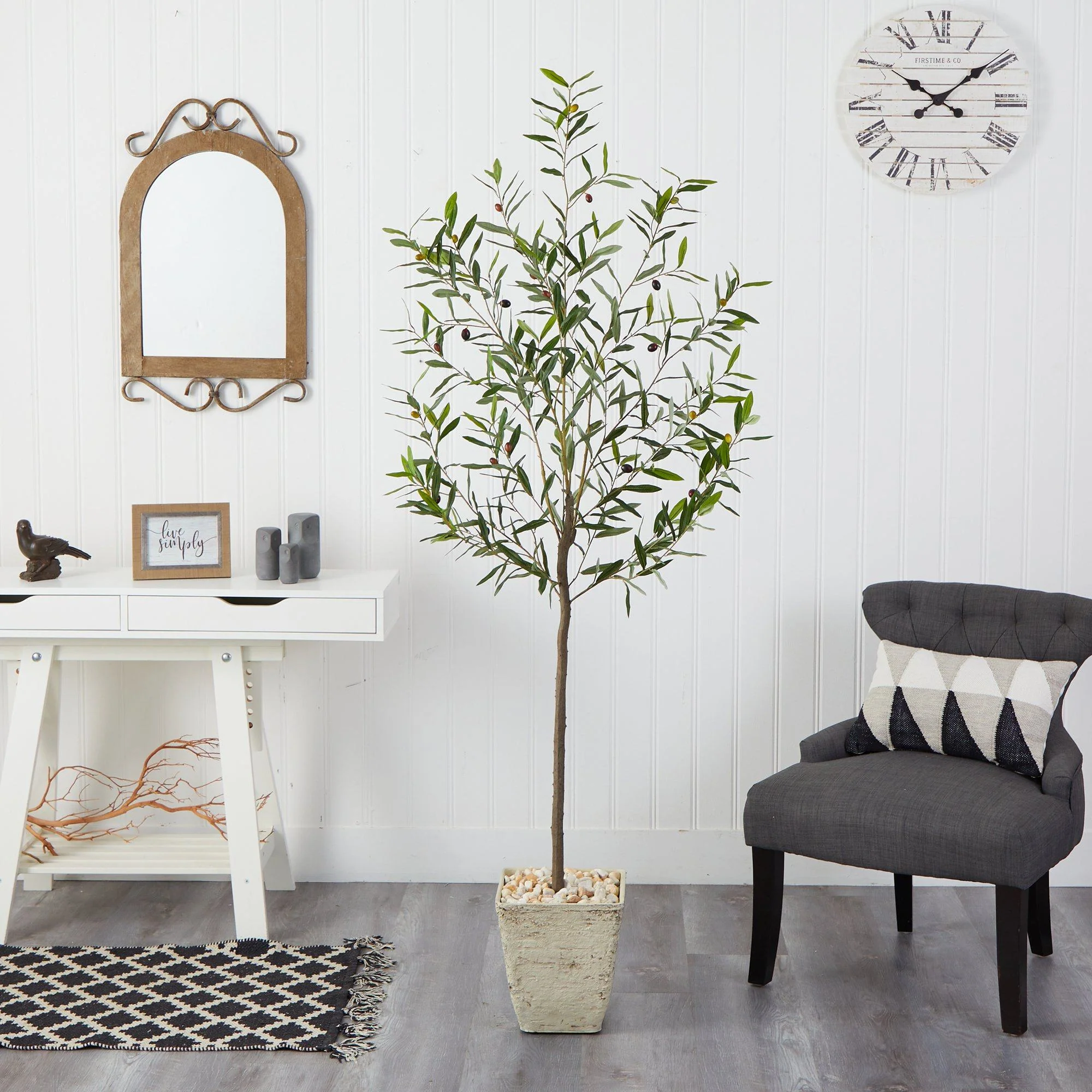 75” Olive Artificial Tree in Country White Planter - Image 3