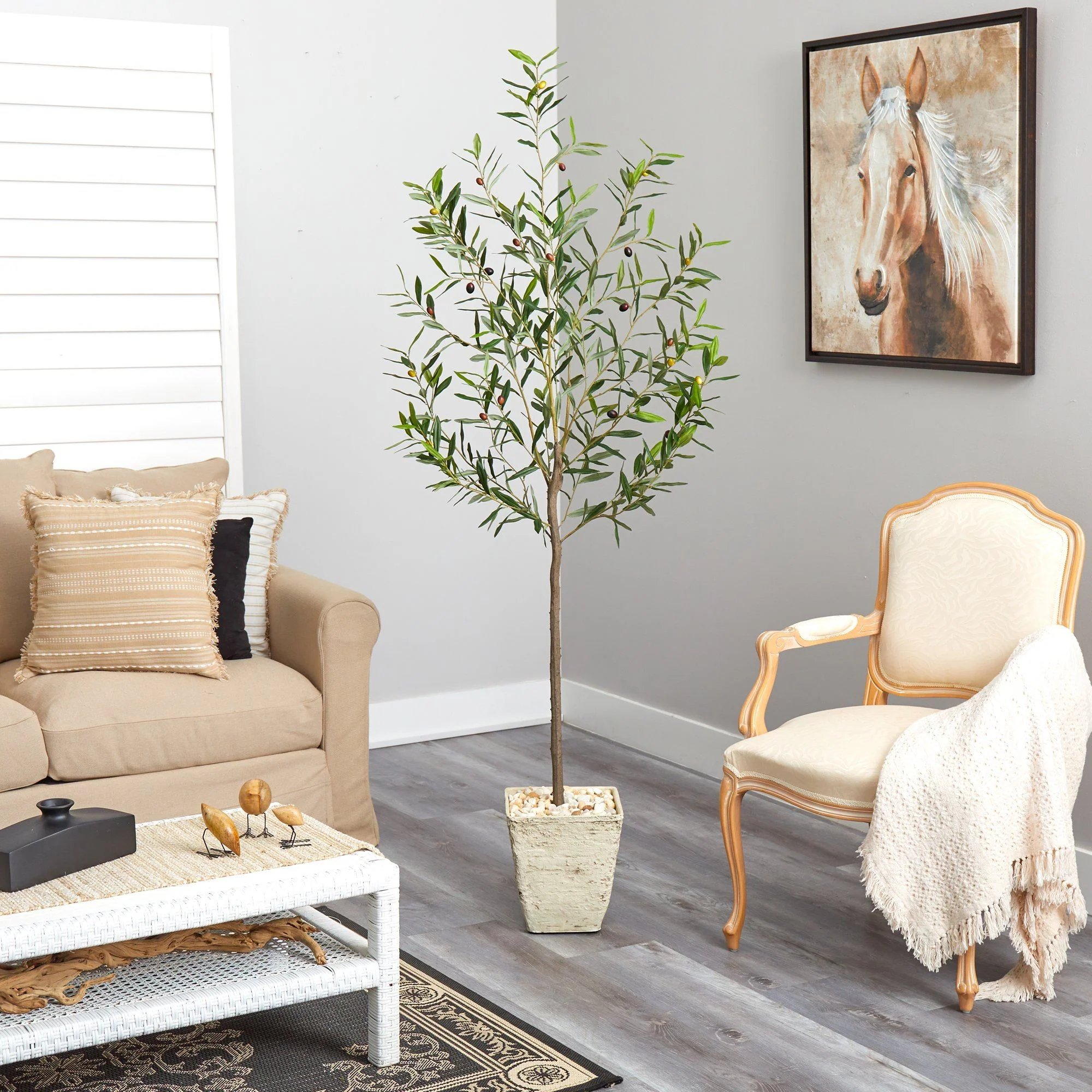 75” Olive Artificial Tree in Country White Planter - Image 4