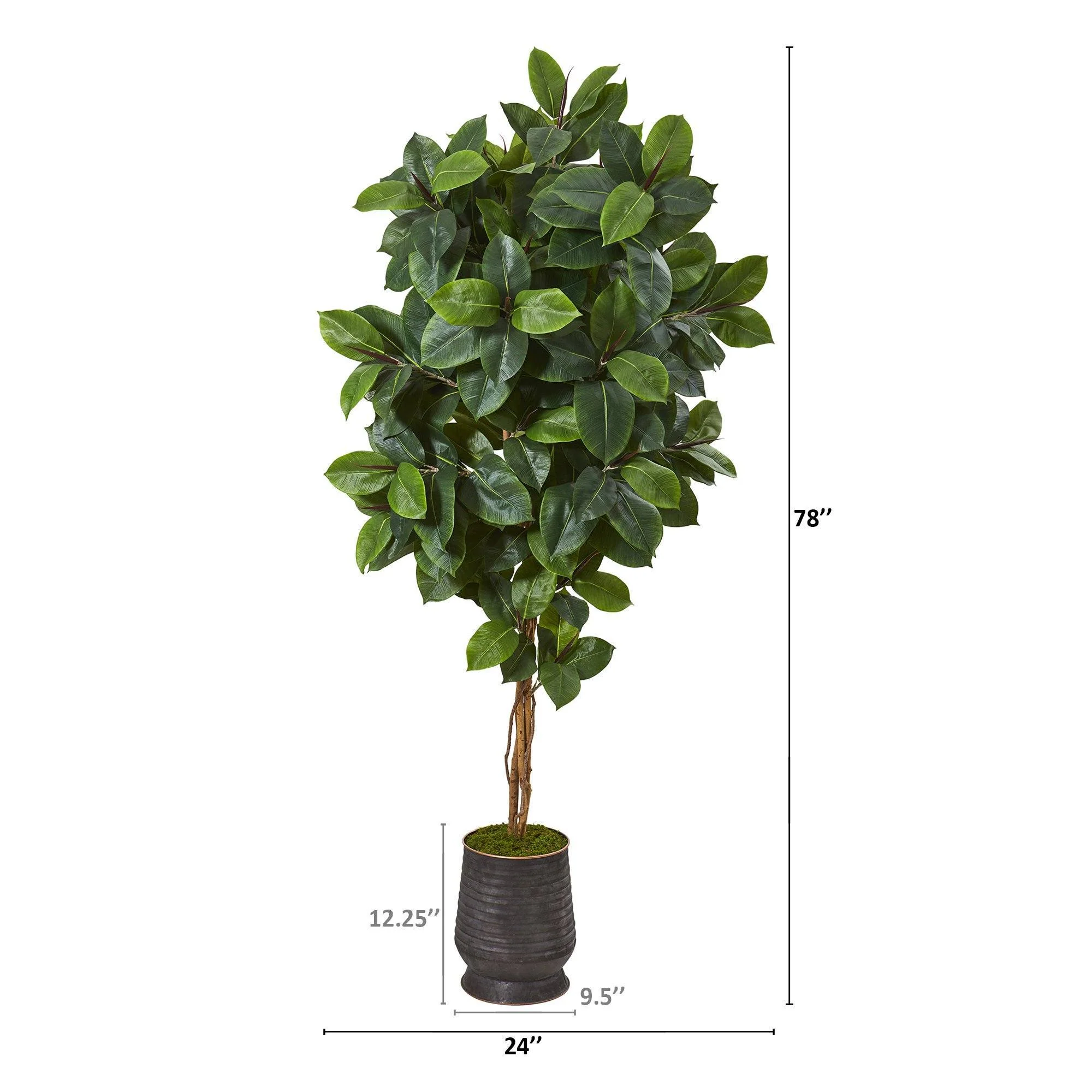 78” Rubber Leaf Artificial Tree in Ribbed Metal Planter - Image 2