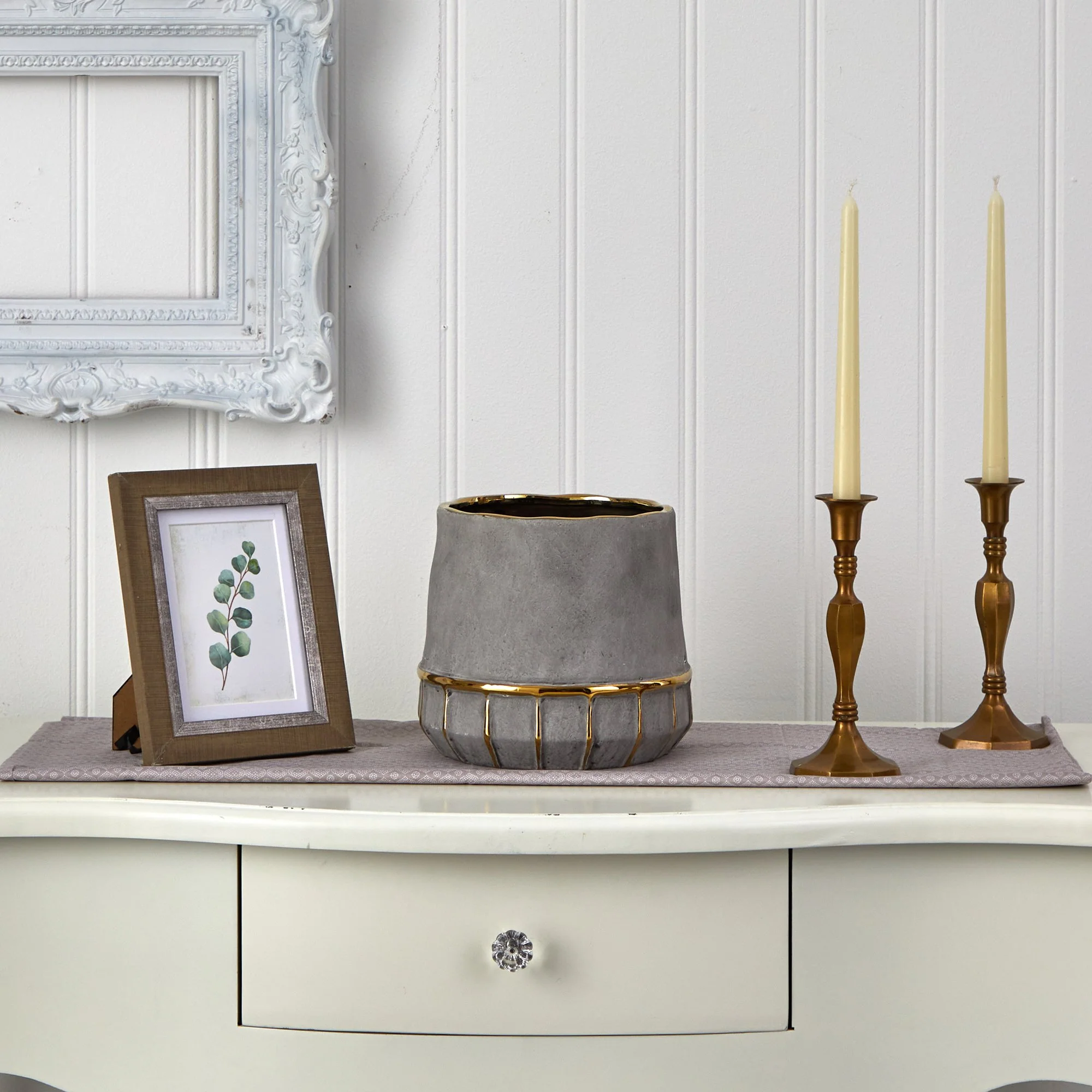 8.5” Regal Stone Decorative Planter with Gold Accents - Image 3
