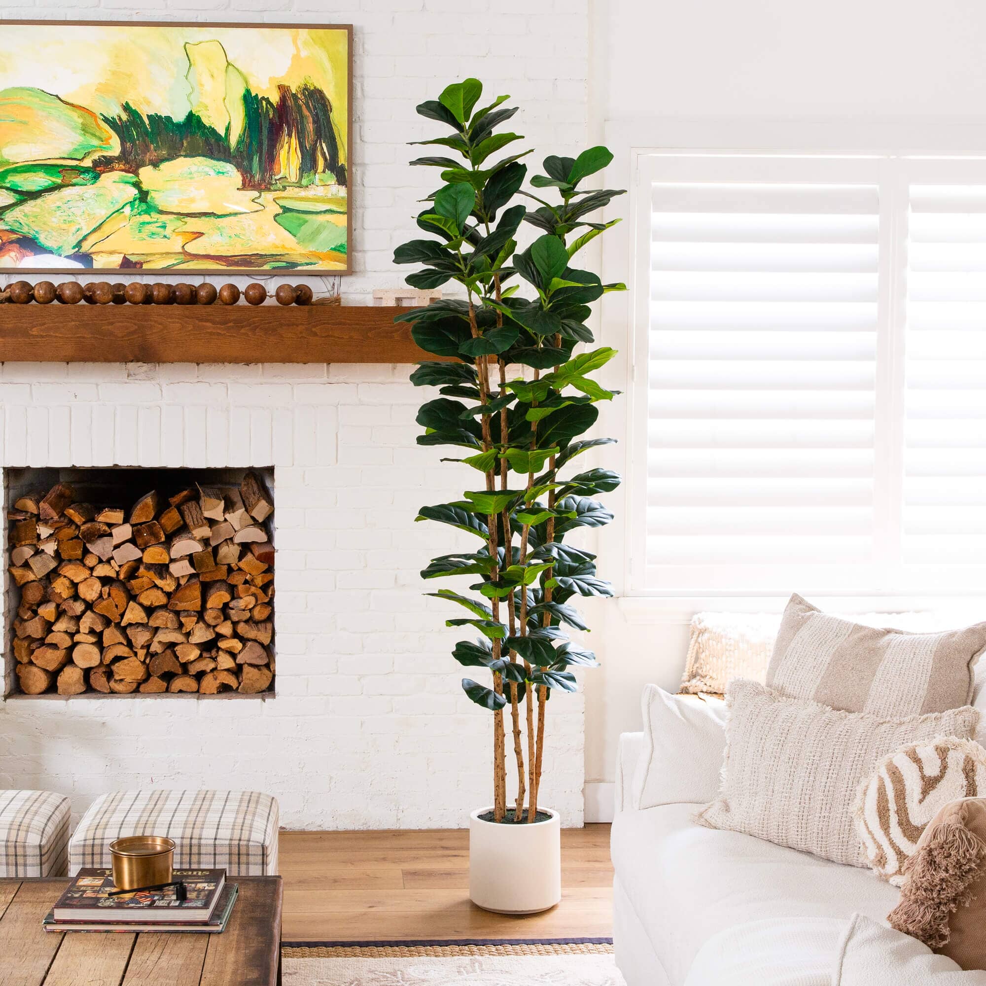 8' Artificial Fiddle Leaf Tree in Decorative White Planter - Image 3