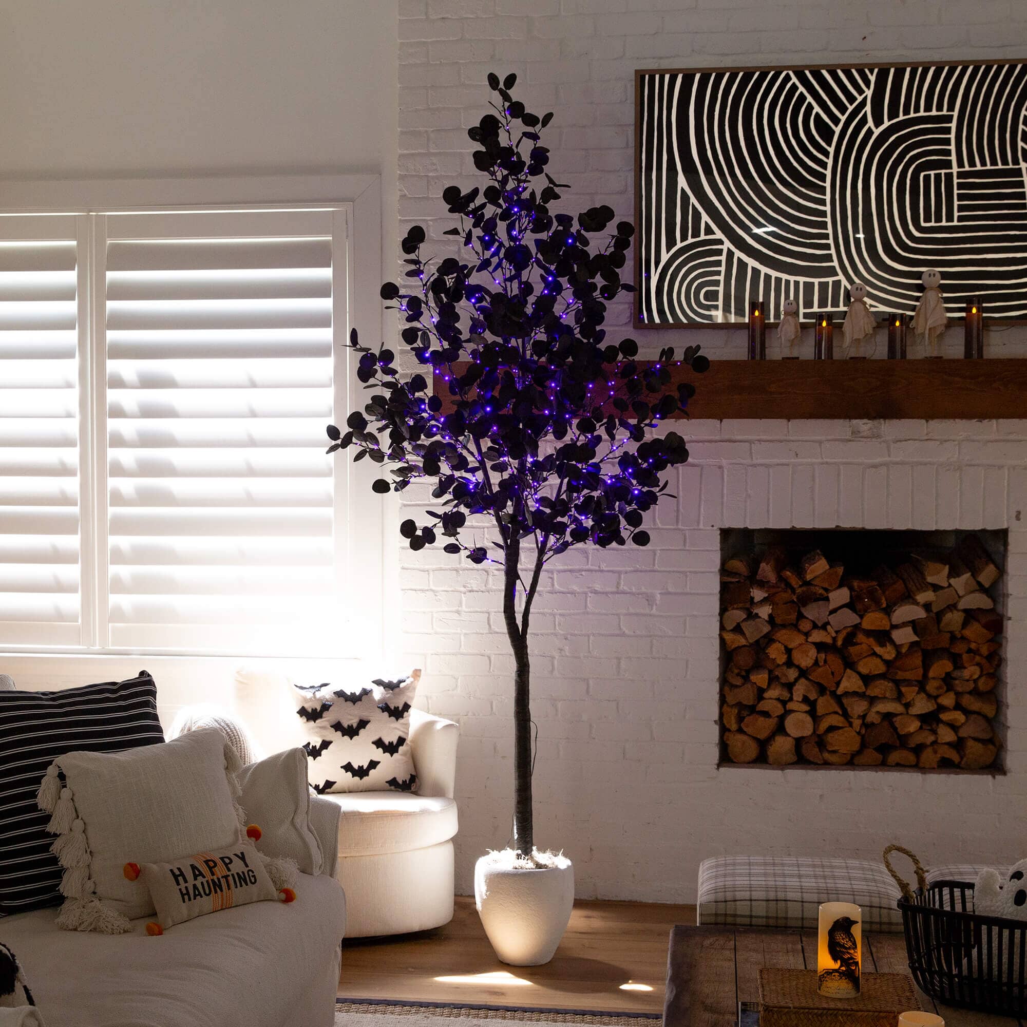 8' Pre-Lit Artificial Halloween Black Eucalyptus Tree with 540 Orange & Purple LED Lights - Image 3