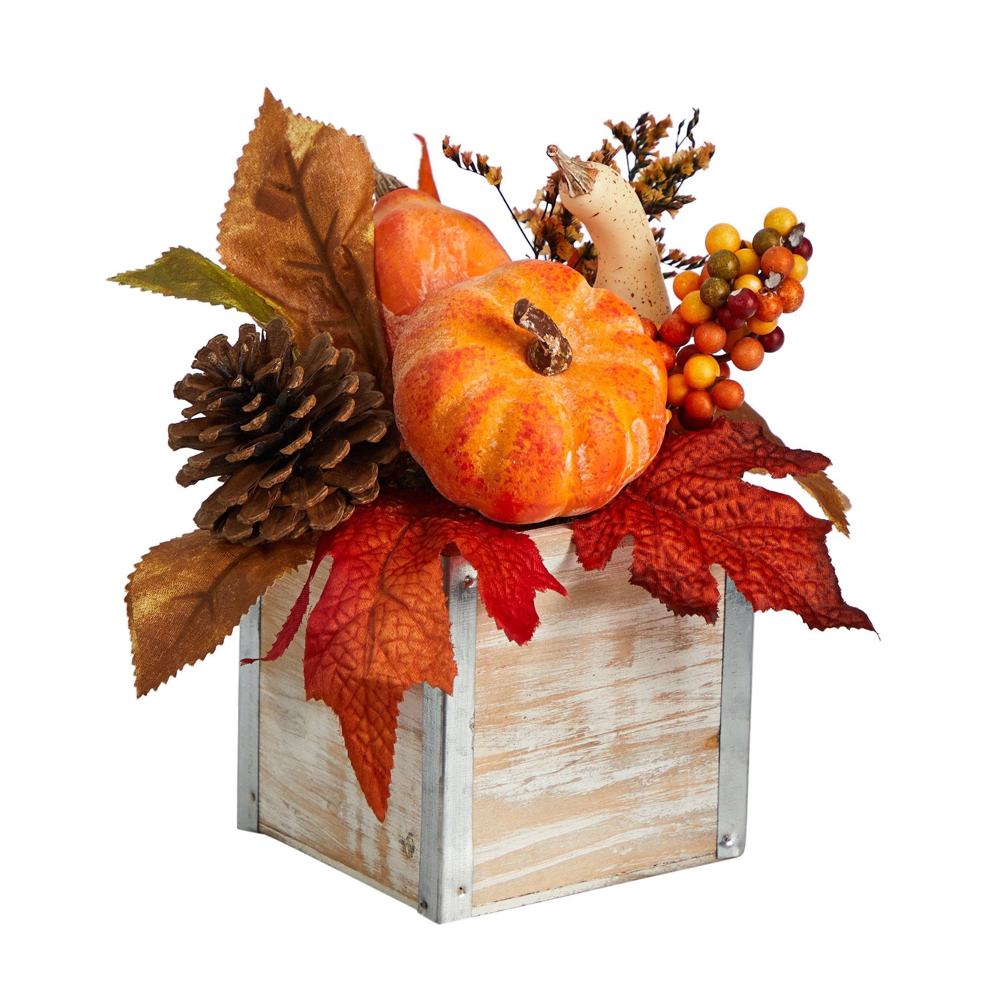 8” Fall Pumpkin, Gourd, Berries and Pinecones Artificial Autumn  Arrangement in Natural Washed Vase - Image 3