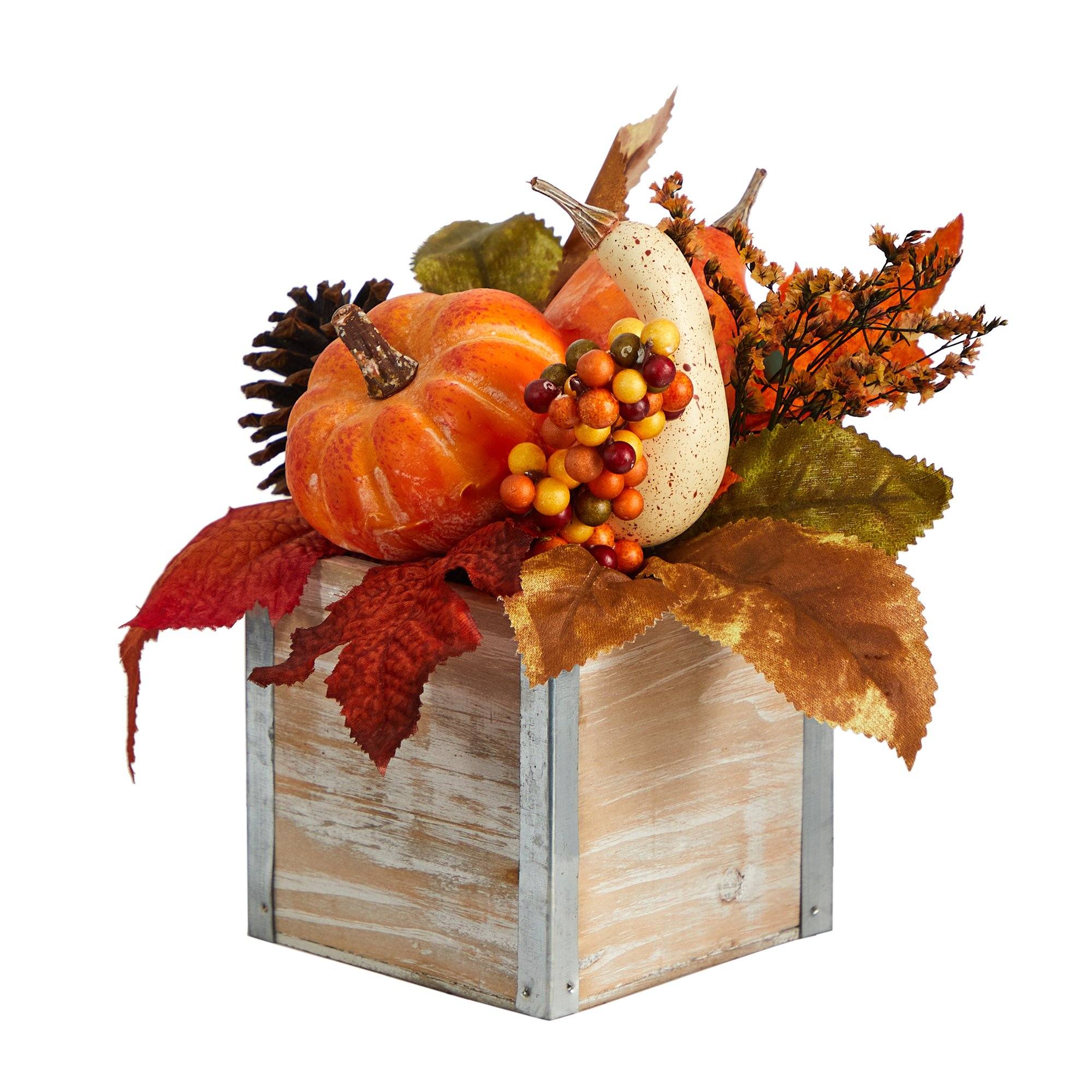 8” Fall Pumpkin, Gourd, Berries and Pinecones Artificial Autumn  Arrangement in Natural Washed Vase - Image 4
