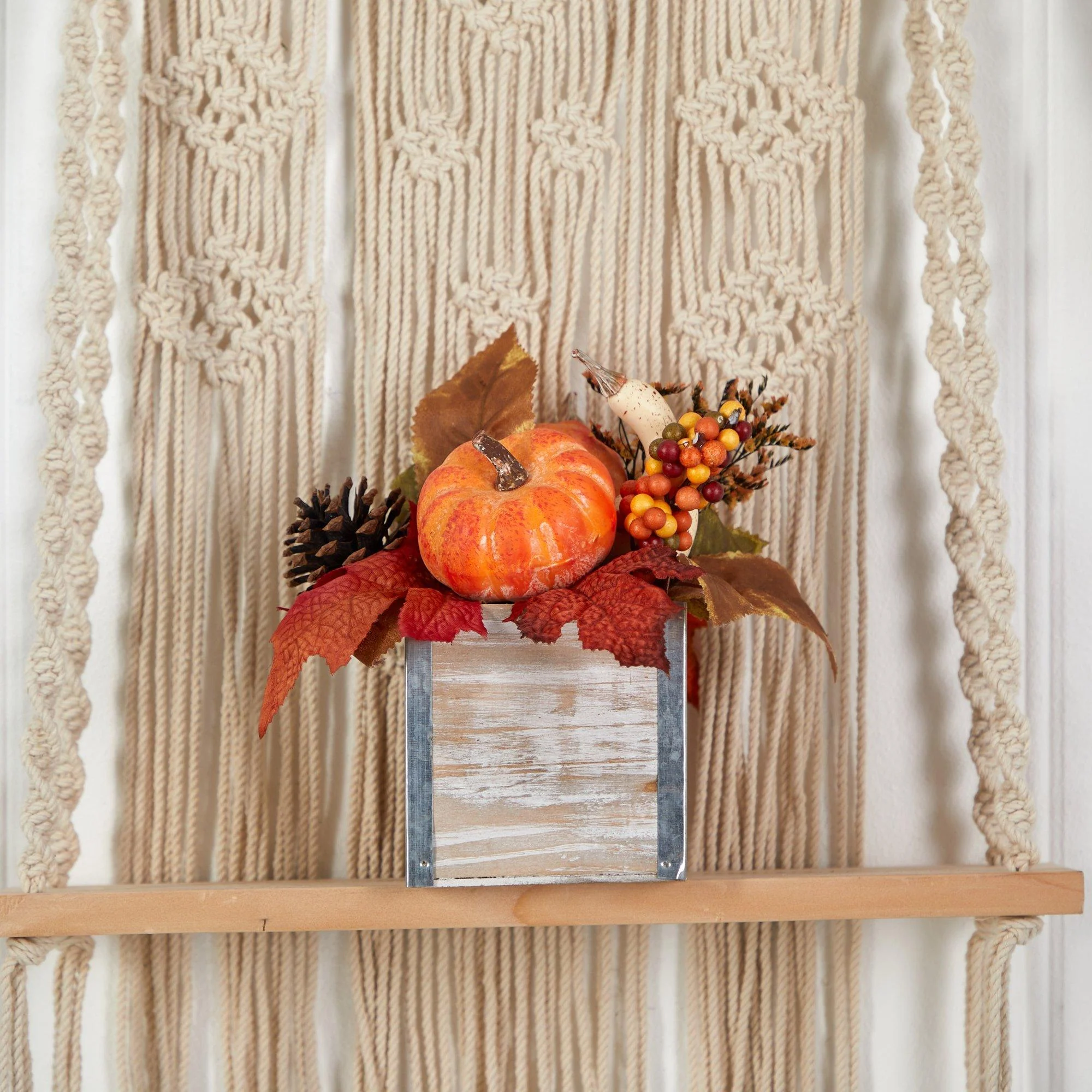 8” Fall Pumpkin, Gourd, Berries and Pinecones Artificial Autumn  Arrangement in Natural Washed Vase - Image 5
