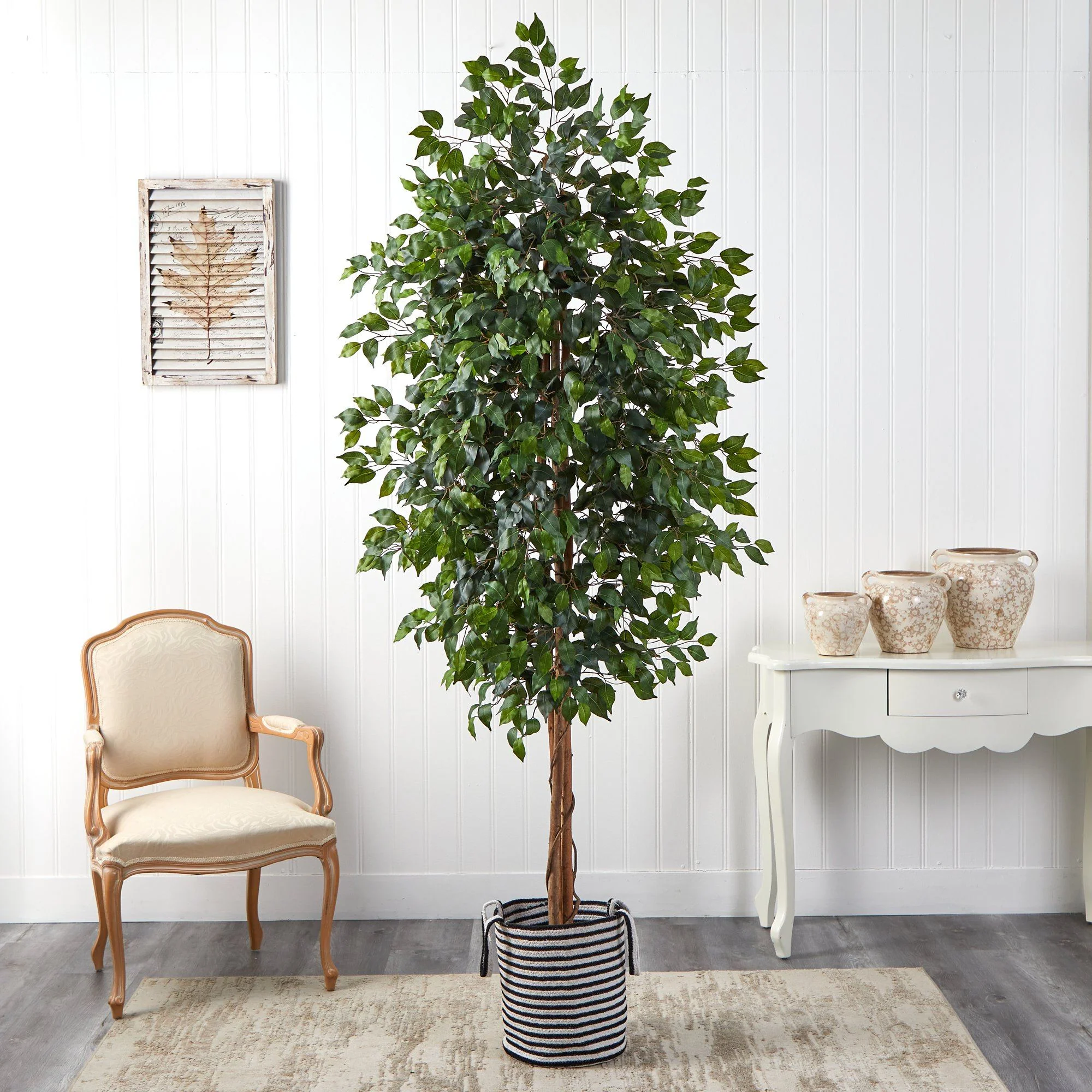 8’ Ficus Artificial Tree in Handmade Black and White Natural Jute and Cotton Planter - Image 3