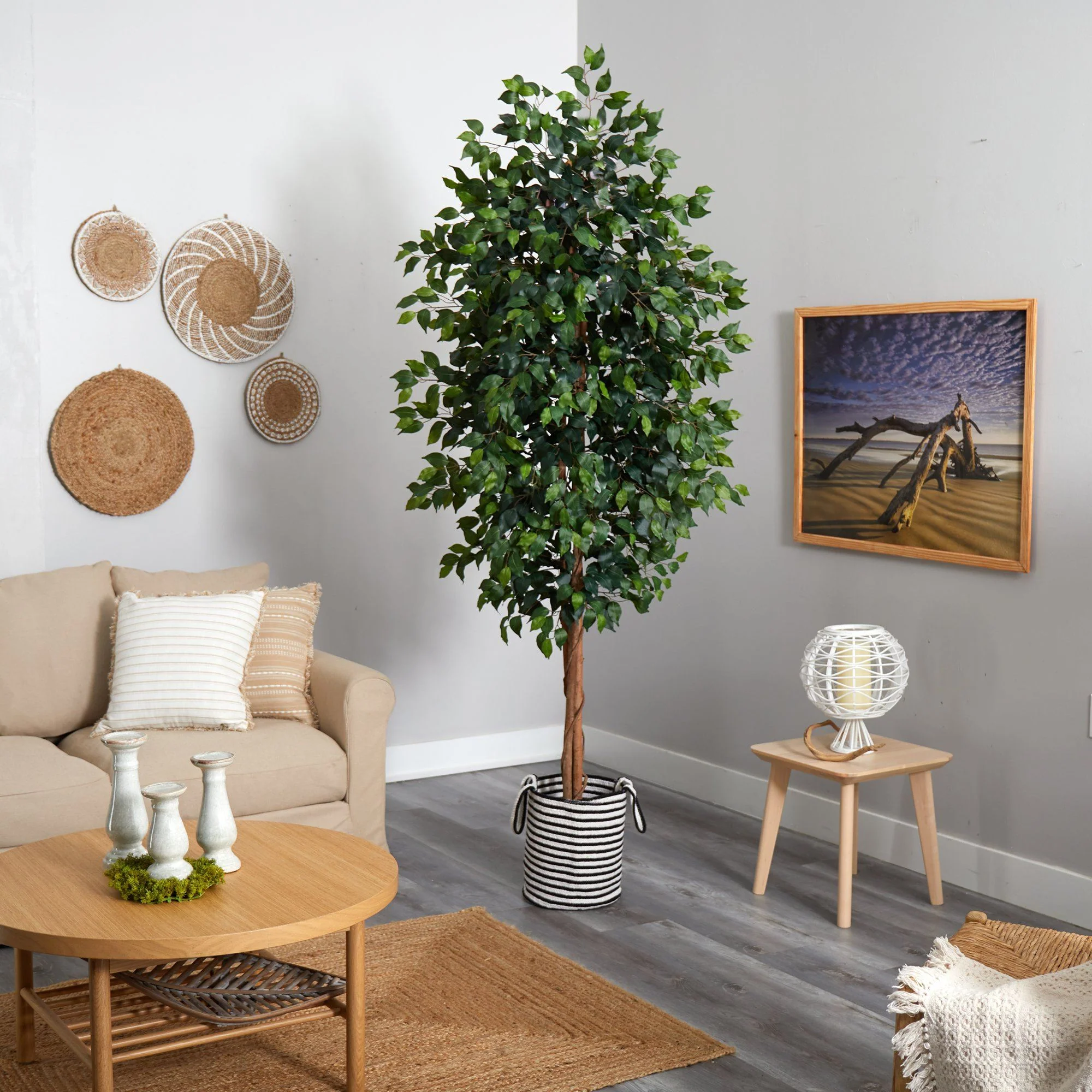 8’ Ficus Artificial Tree in Handmade Black and White Natural Jute and Cotton Planter - Image 4