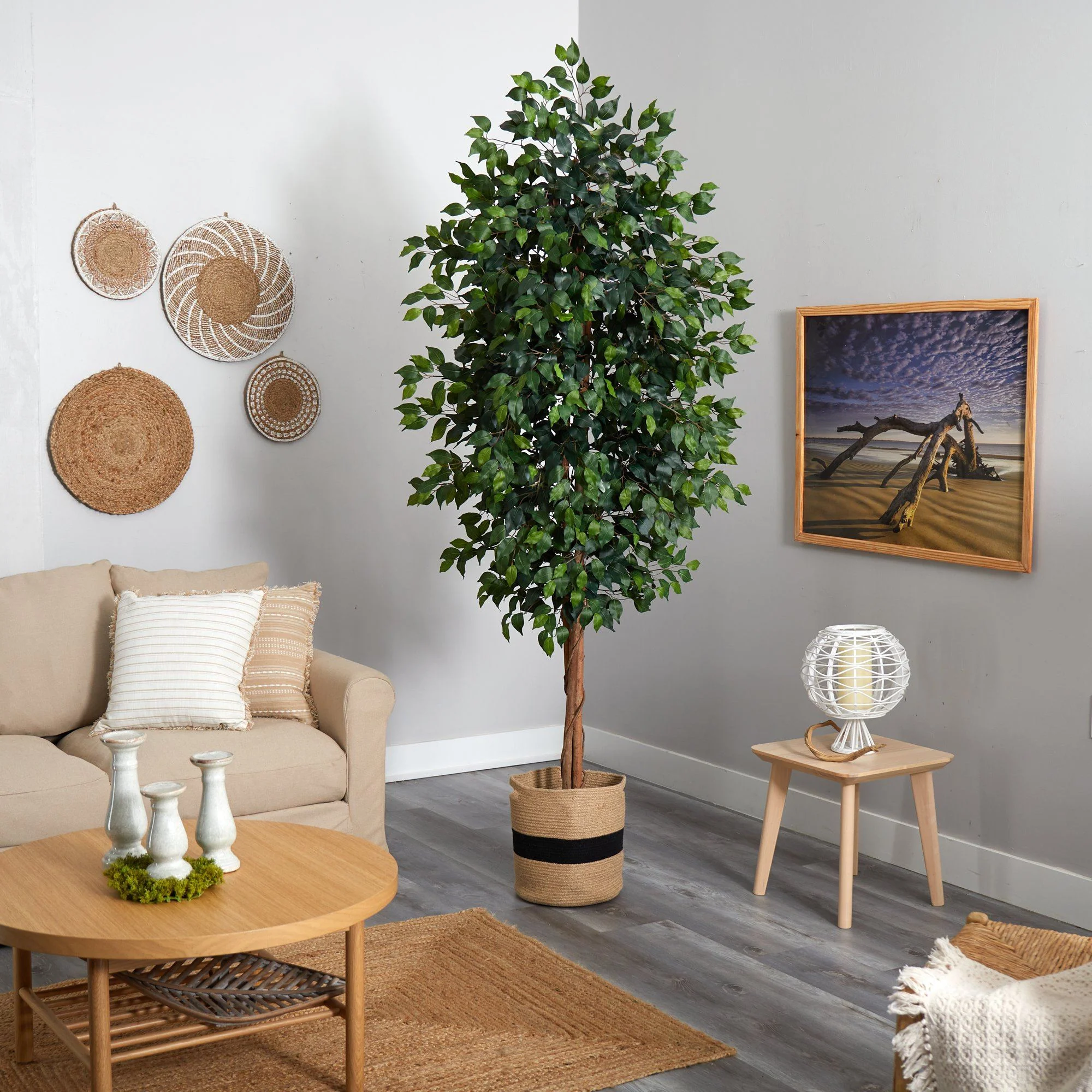 8’ Ficus Artificial Tree in Handmade Natural Cotton Planter - Image 4