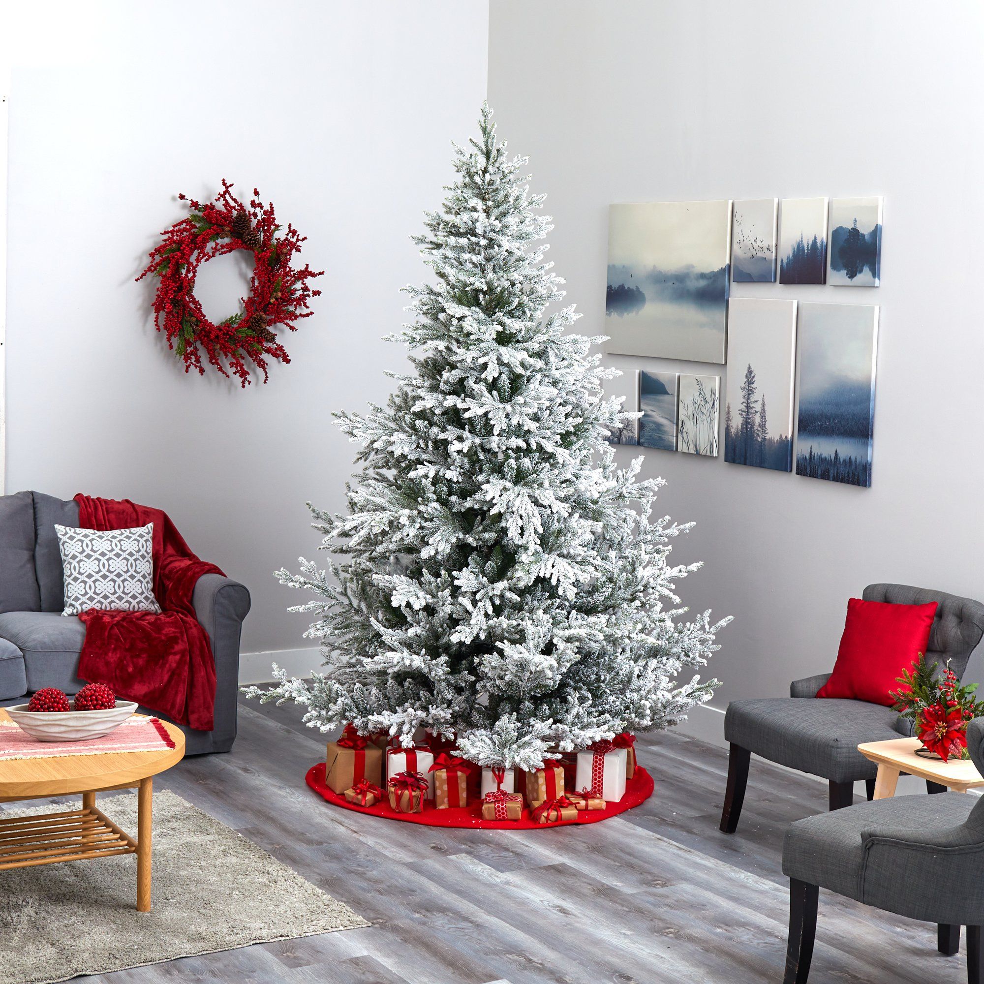 8’ Flocked Fraser Fir Artificial Christmas Tree with 800 Warm White Lights and 4892 Bendable Branches - Image 7