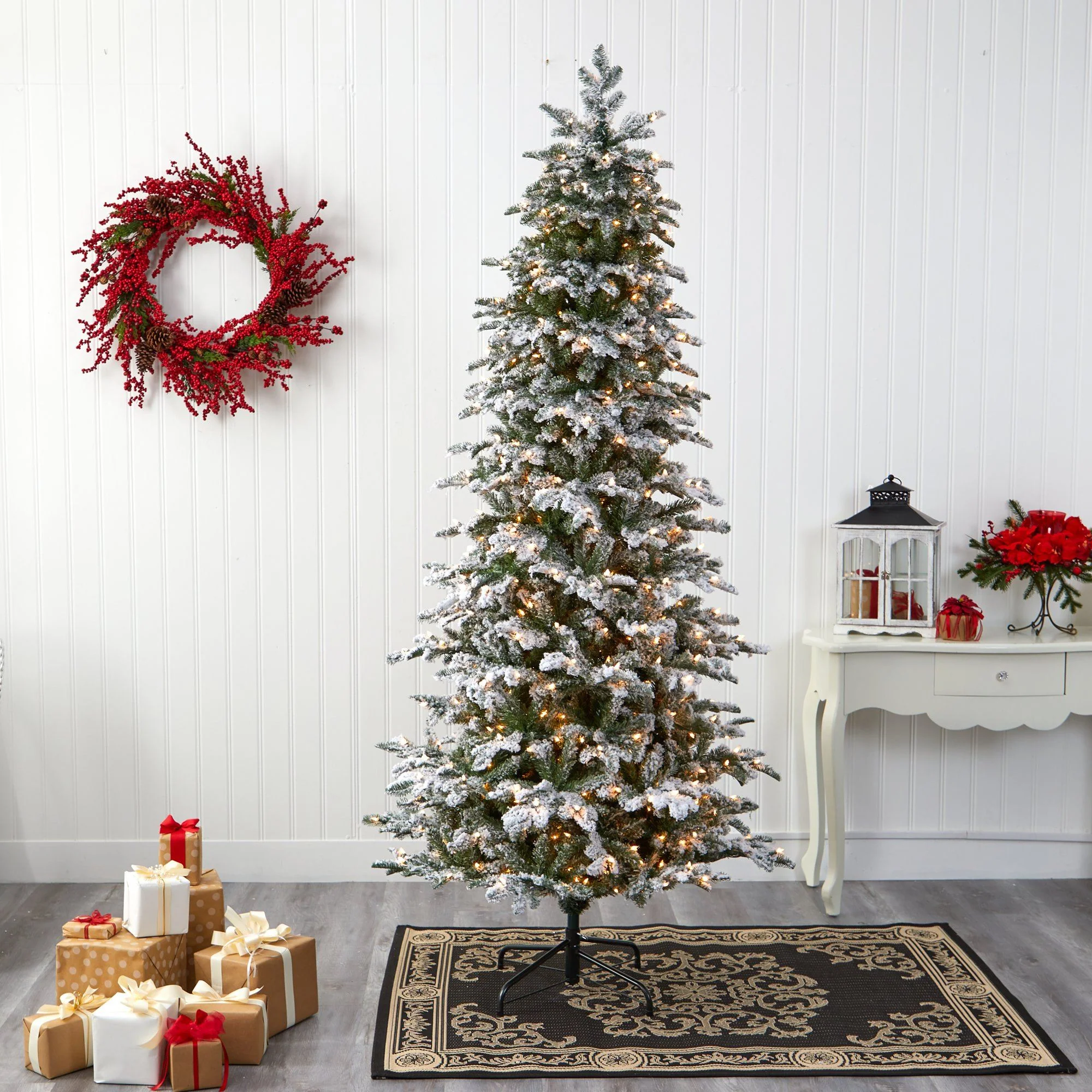 8’ Flocked North Carolina Fir Artificial Christmas Tree with 650 Warm White Lights and 2593 Branches - Image 2