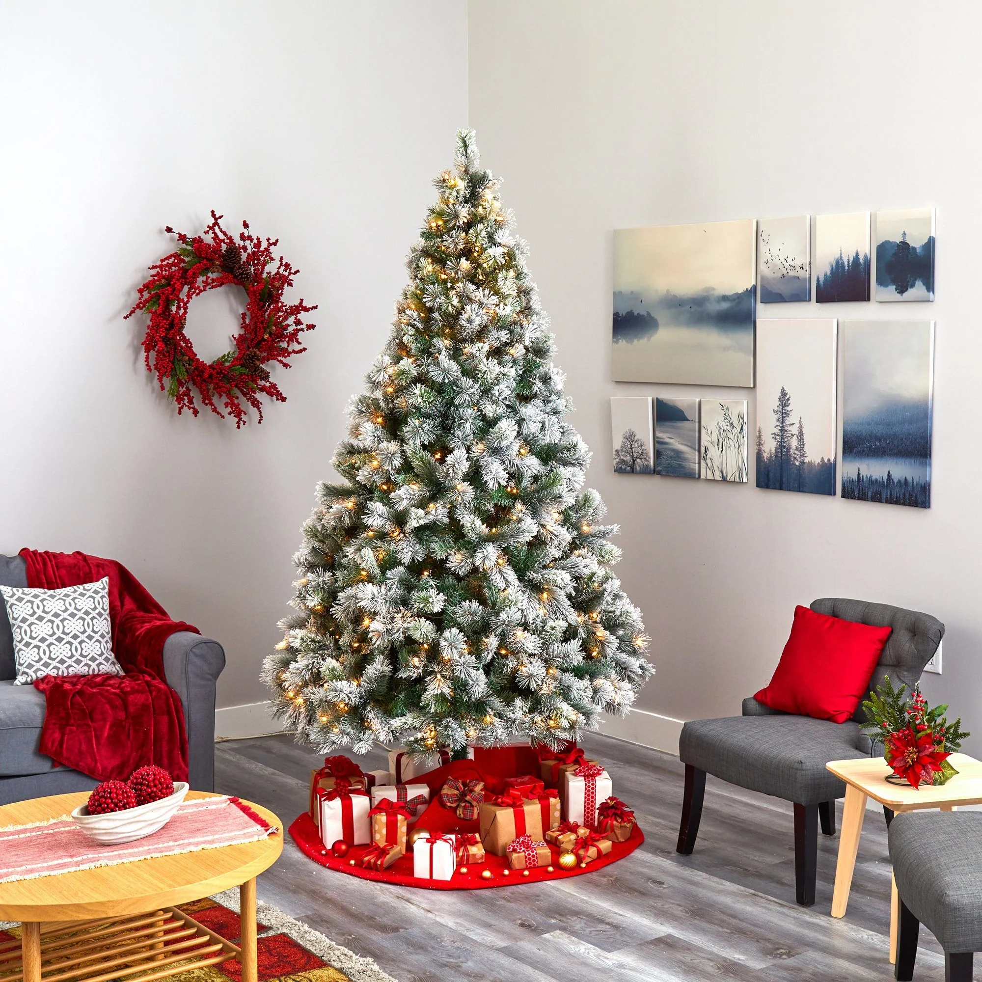 8’ Flocked Oregon Pine Artificial Christmas Tree with 500 Clear Lights and 1172 Bendable Branches - Image 6