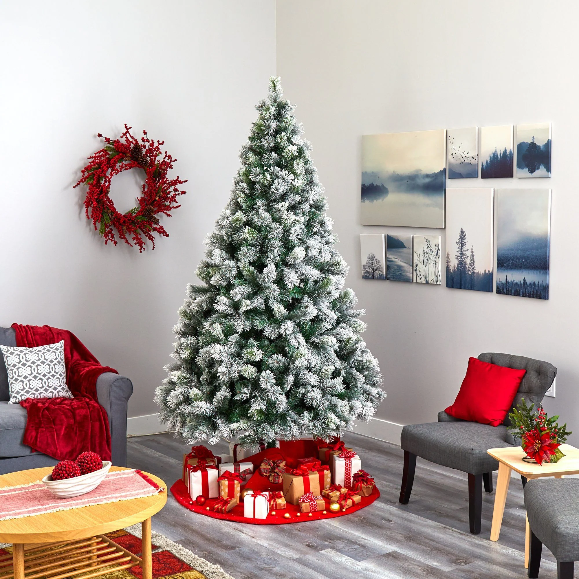 8’ Flocked Oregon Pine Artificial Christmas Tree with 500 Clear Lights and 1172 Bendable Branches - Image 7
