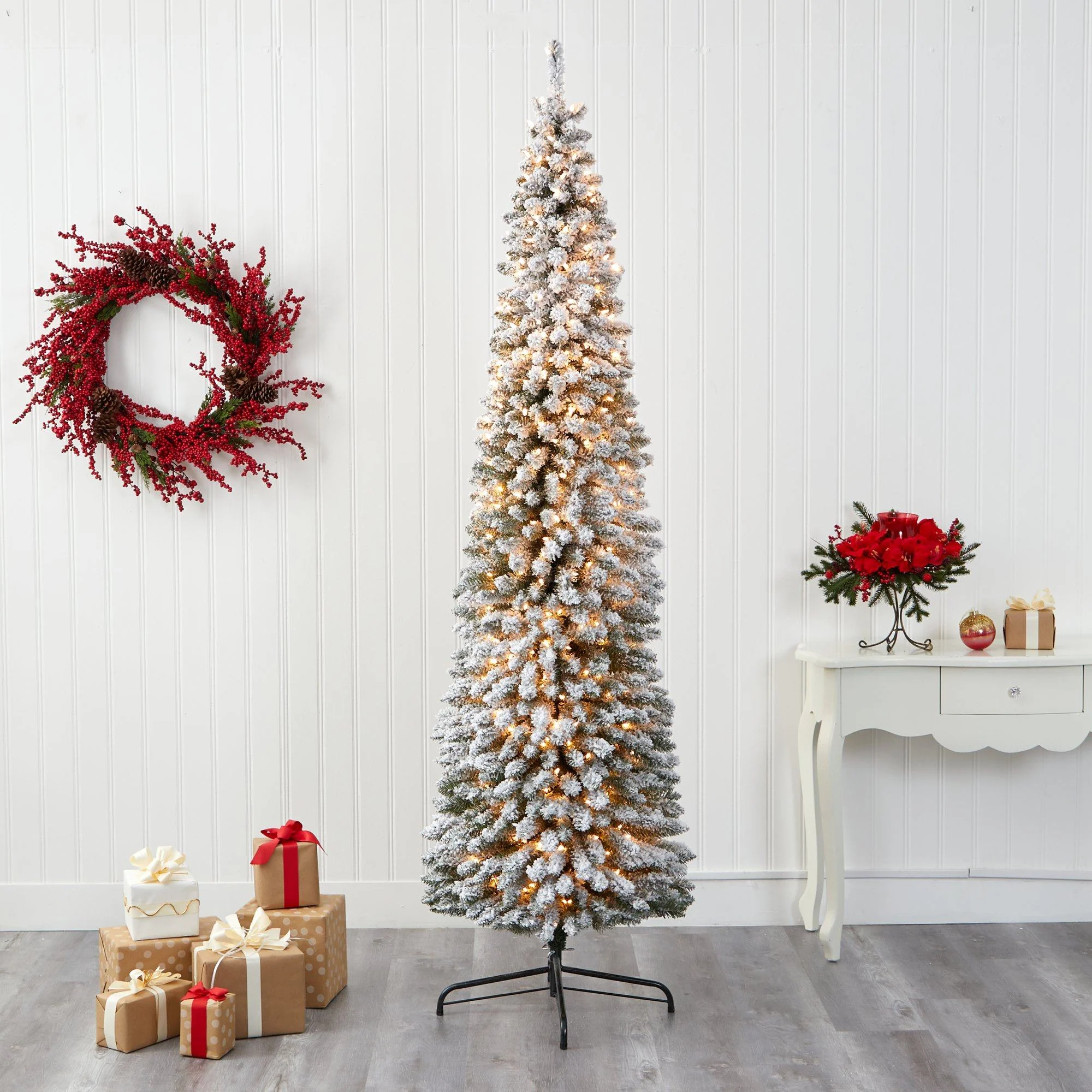 8’ Flocked Pencil Artificial Christmas Tree with 500 Clear Lights and 646 Bendable Branches - Image 2