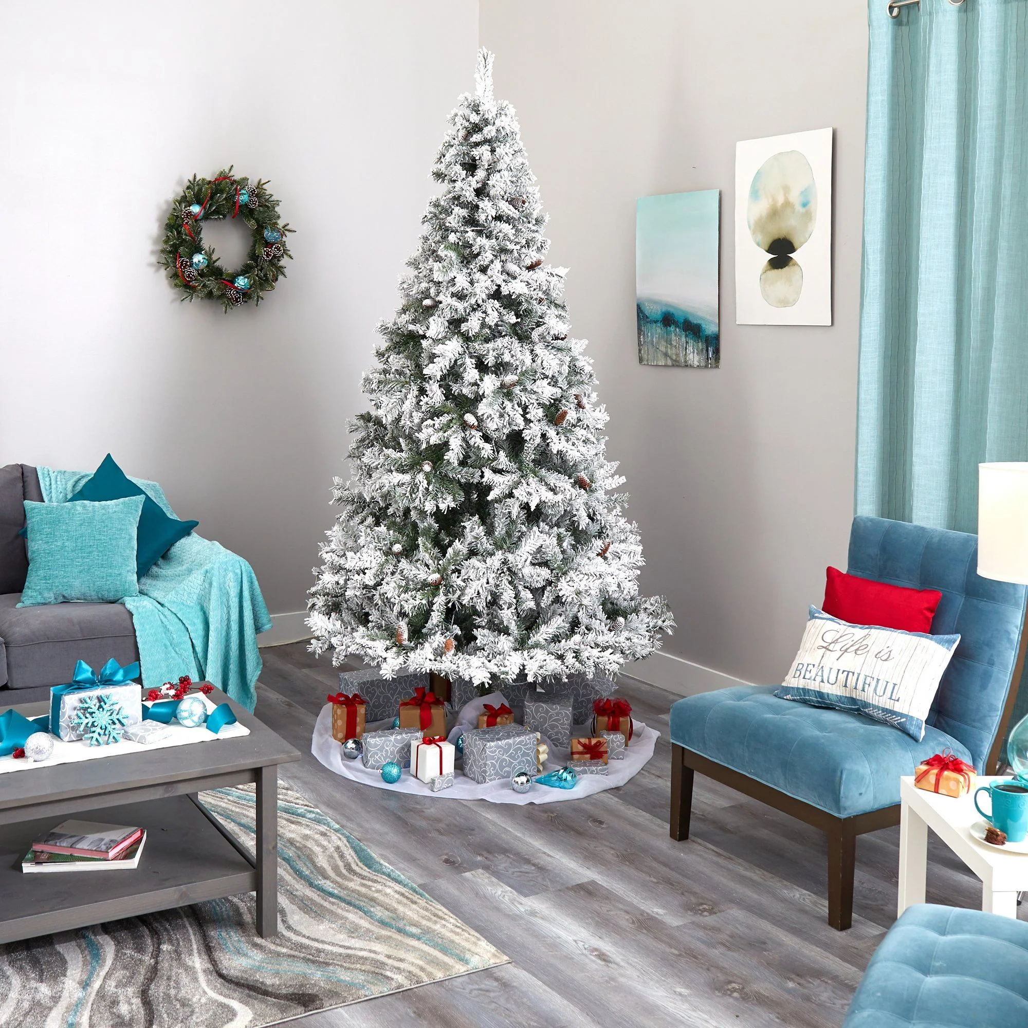 8' Flocked White River Mountain Pine Artificial Christmas Tree with Pinecones - Image 5