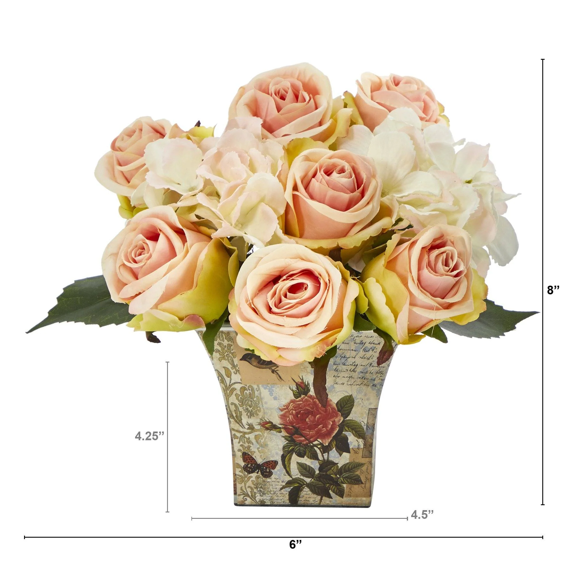 8” Rose and Hydrangea Bouquet Artificial Arrangement in Floral Vase - Image 2