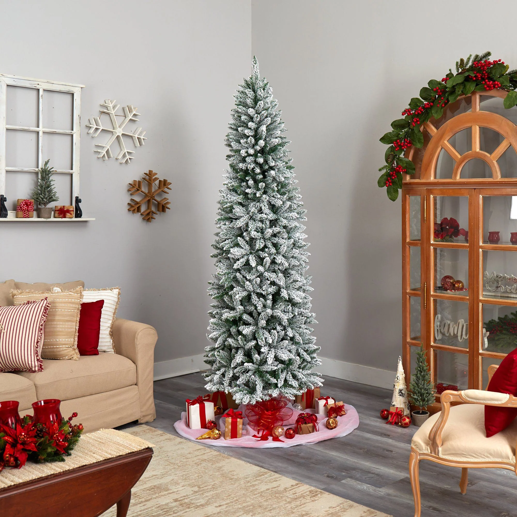 8’ Slim Flocked Montreal Fir Artificial Christmas Tree - Image 8