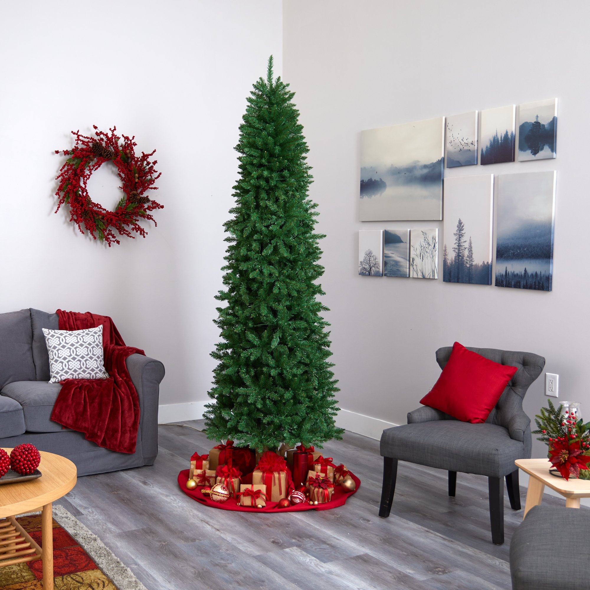 8’ Slim Green Mountain Pine Artificial Christmas Tree with 400 Clear LED Lights - Image 6