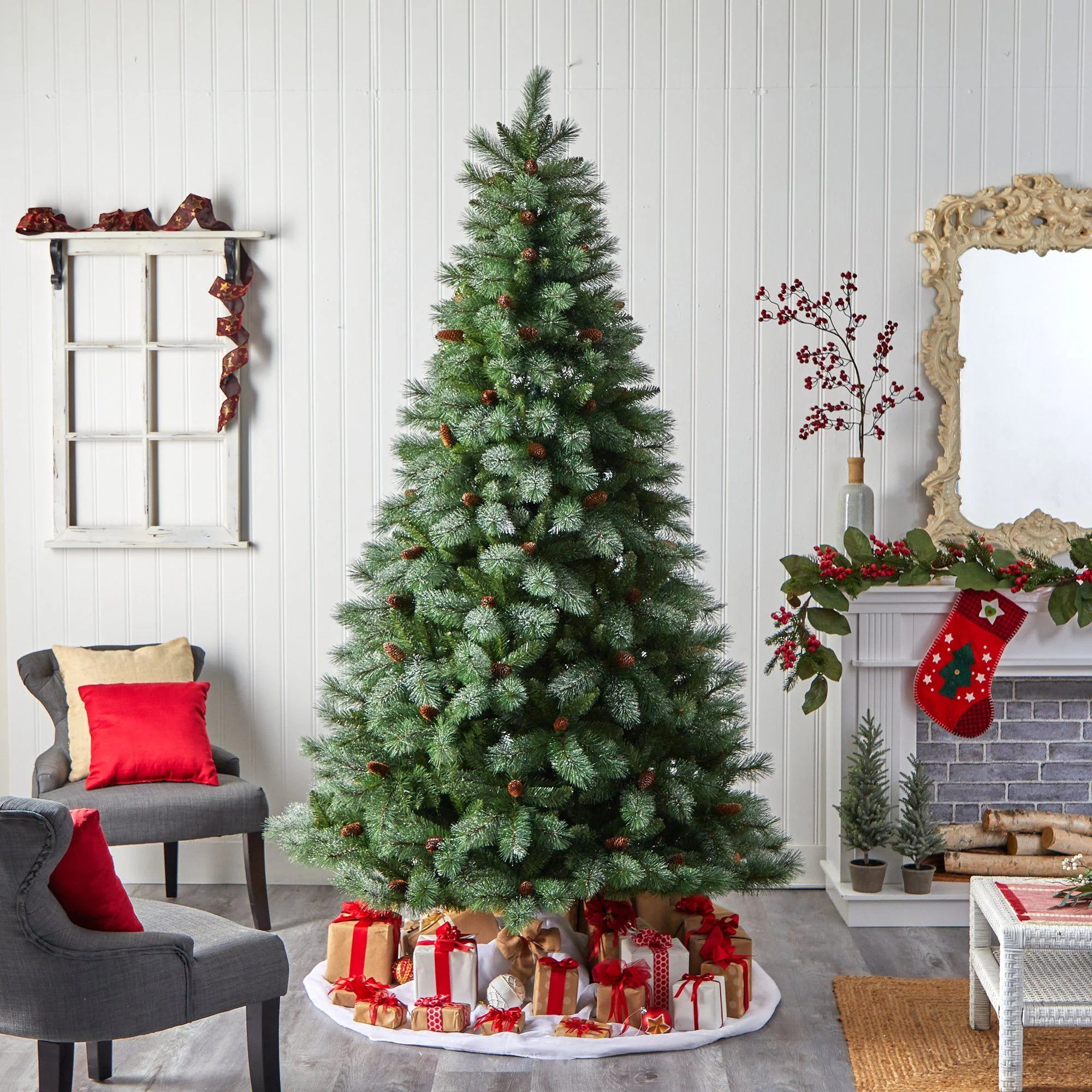 8’ Snowed French Alps Mountain Pine Christmas Tree with 1159 Bendable Branches and Pine Cones - Image 5