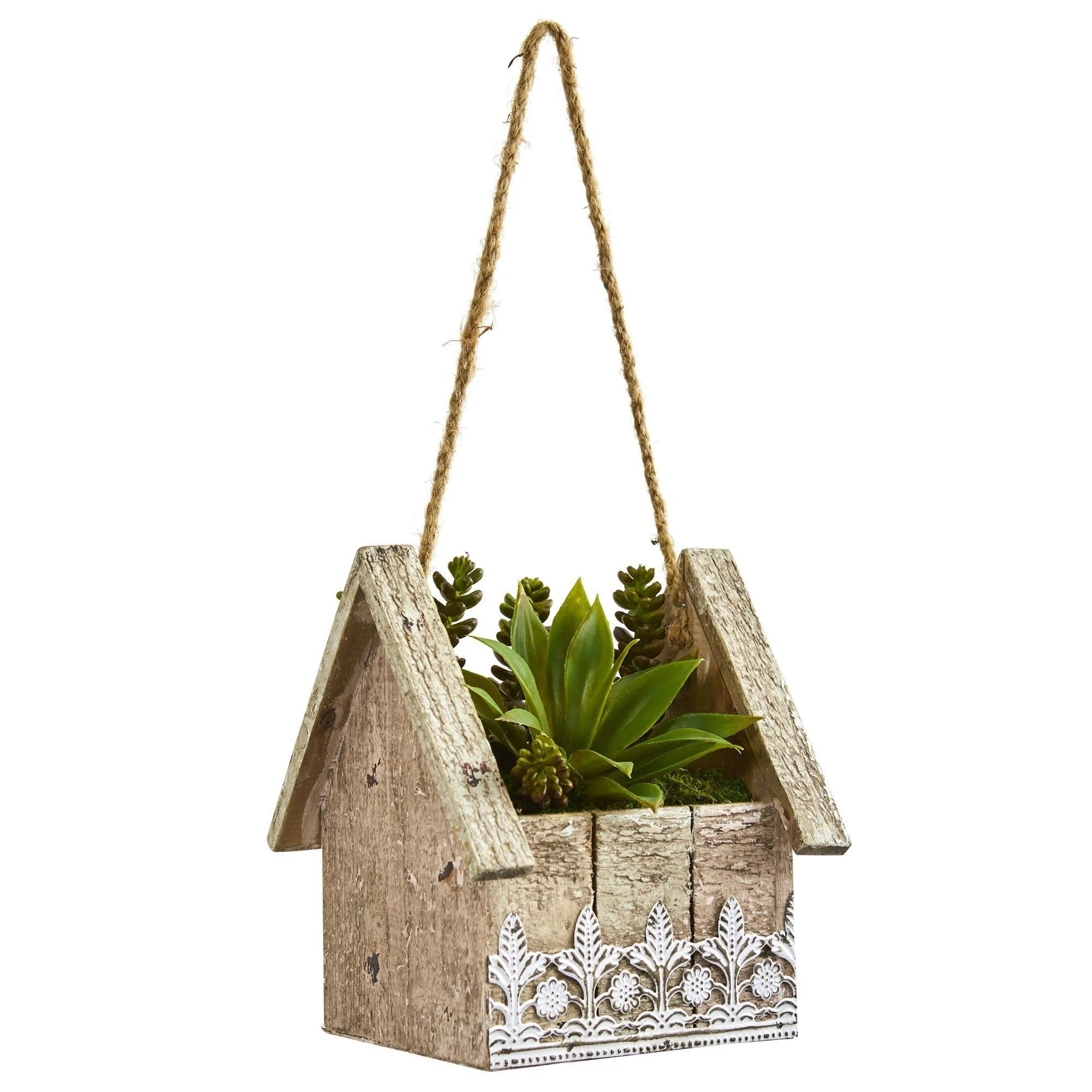 Succulent Garden Artificial Plant in Birdhouse Hanging Planter - Image 2