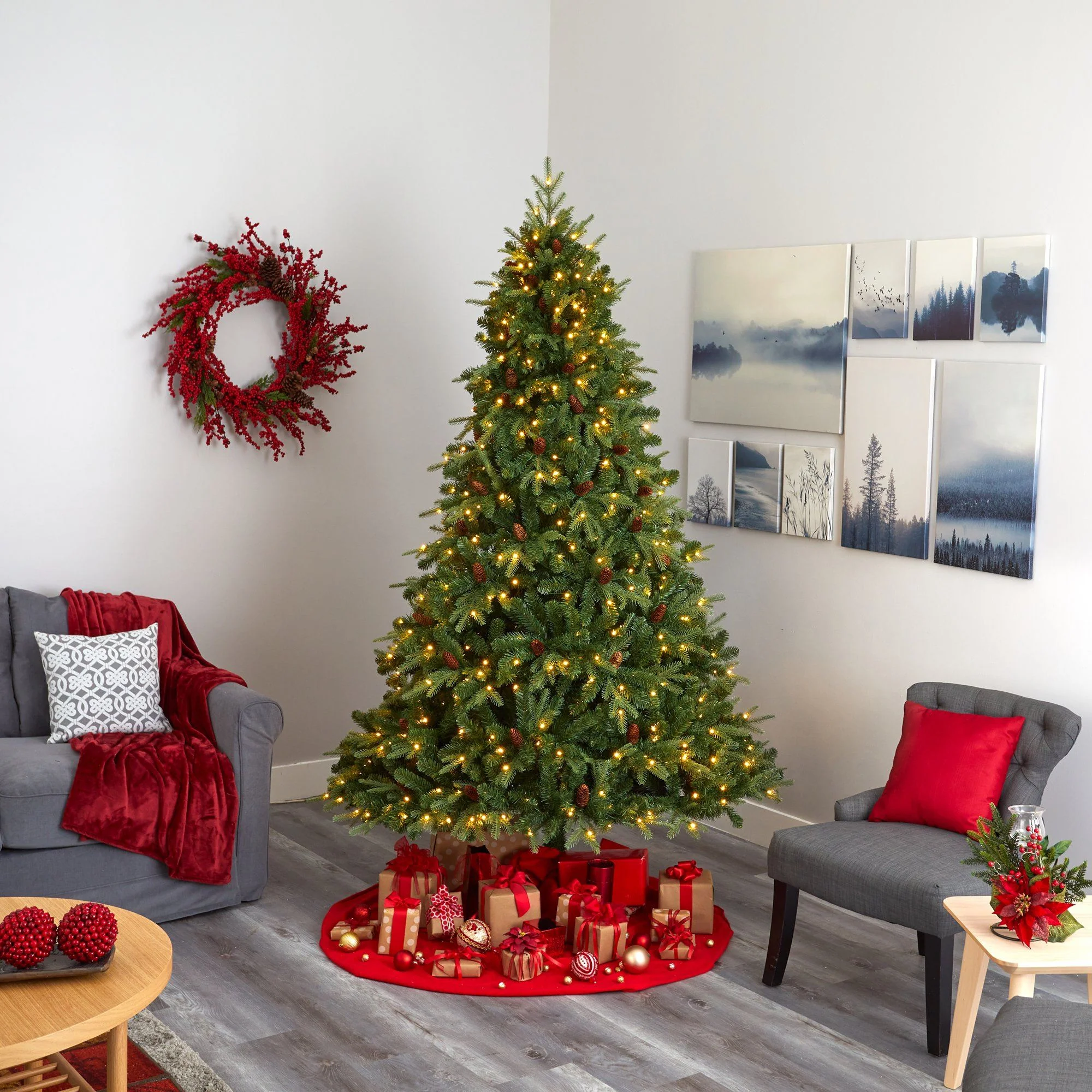 8’ Wellington Spruce “Natural Look” Artificial Christmas Tree with 550 Clear LED Lights and Pine Cones - Image 6