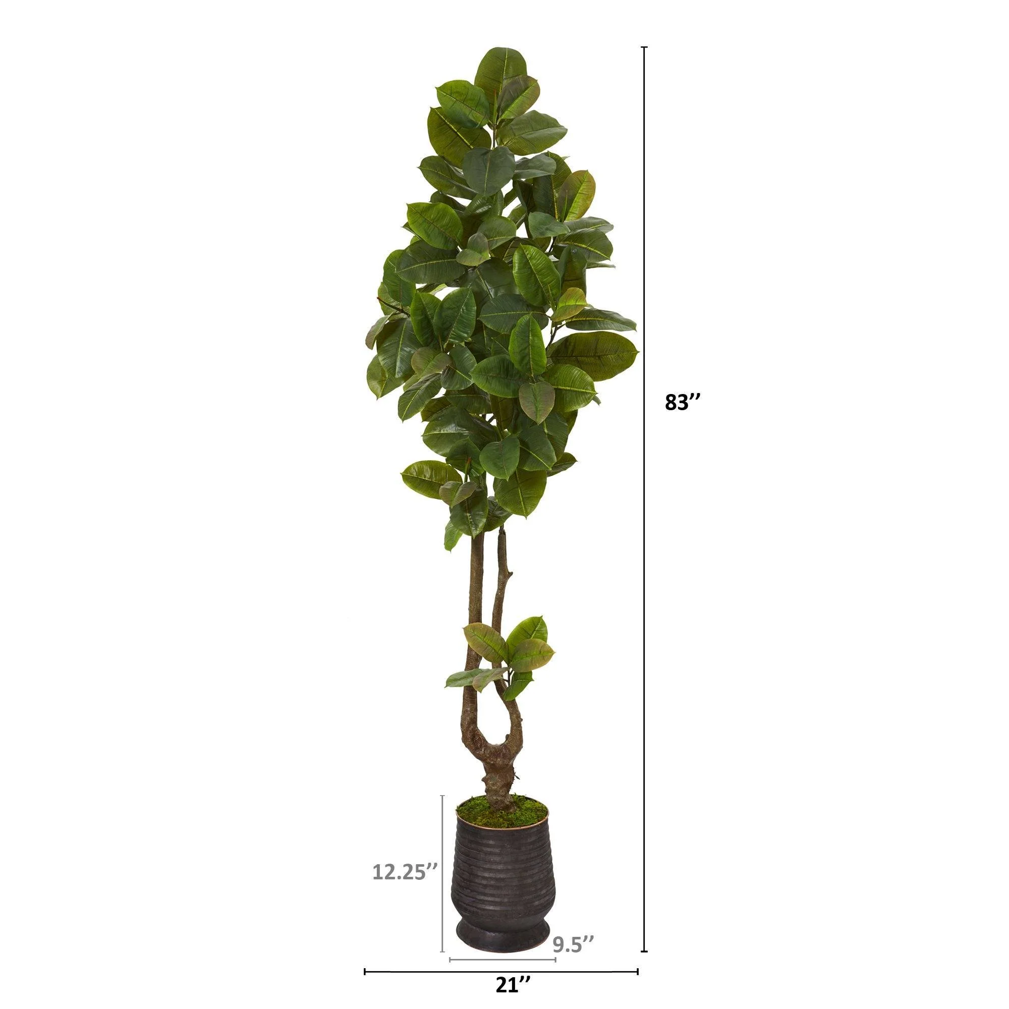 83” Rubber Leaf Artificial Tree in Ribbed Metal Planter (Real Touch) - Image 2