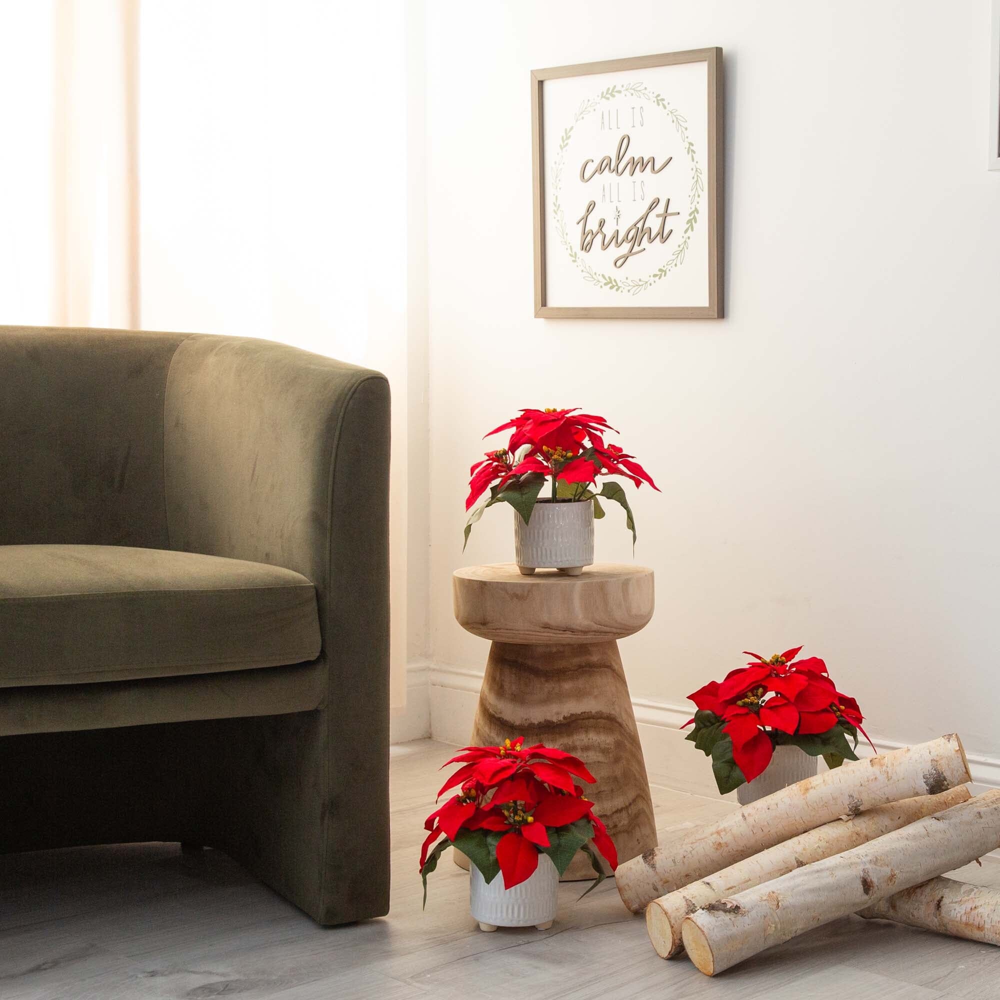 9” Artificial Poinsettia Arrangements in White Ceramic Pots - Set of 3 - Image 3