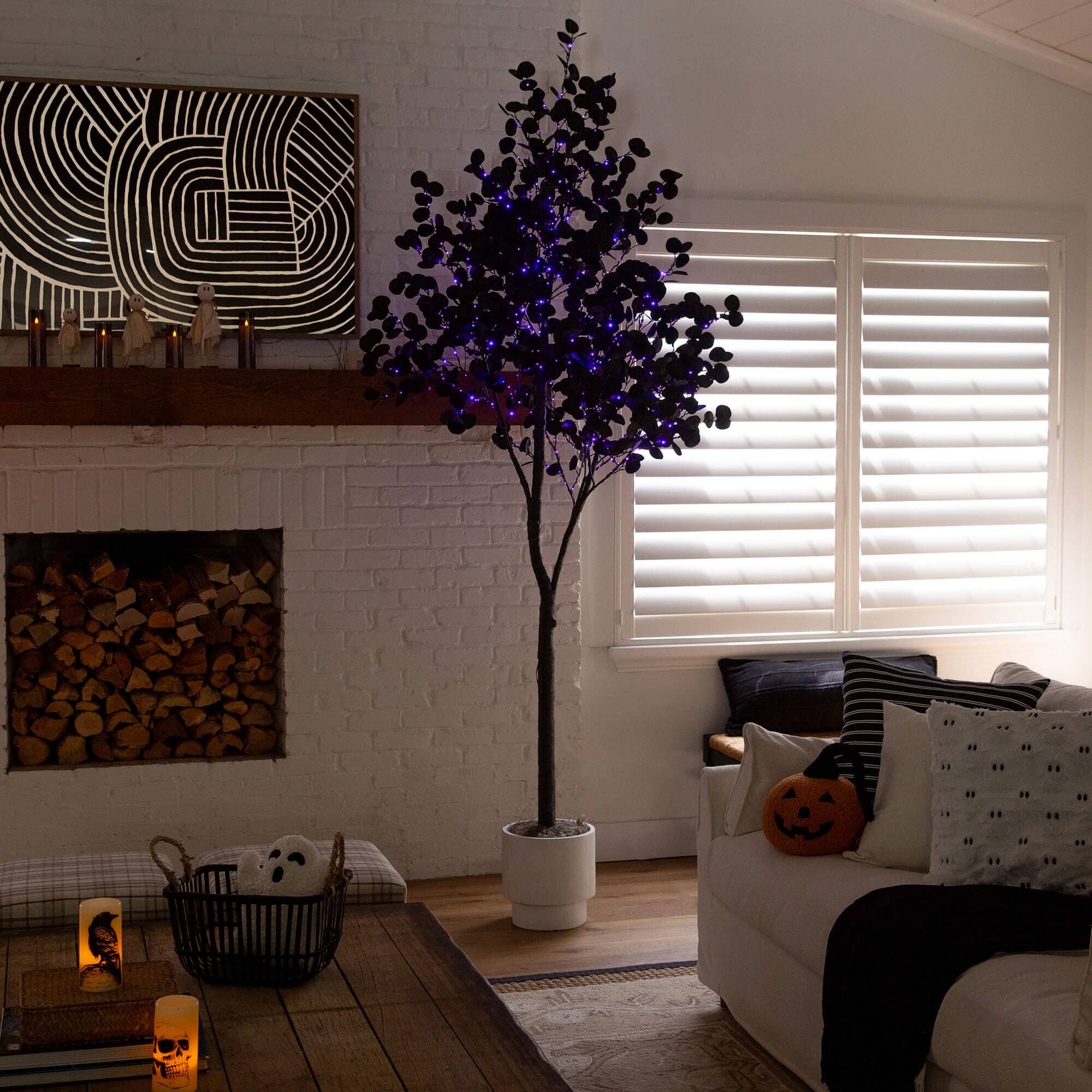 9' Pre-Lit Artificial Halloween Black Eucalyptus Tree with 700 Orange & Purple LED Lights - Image 3