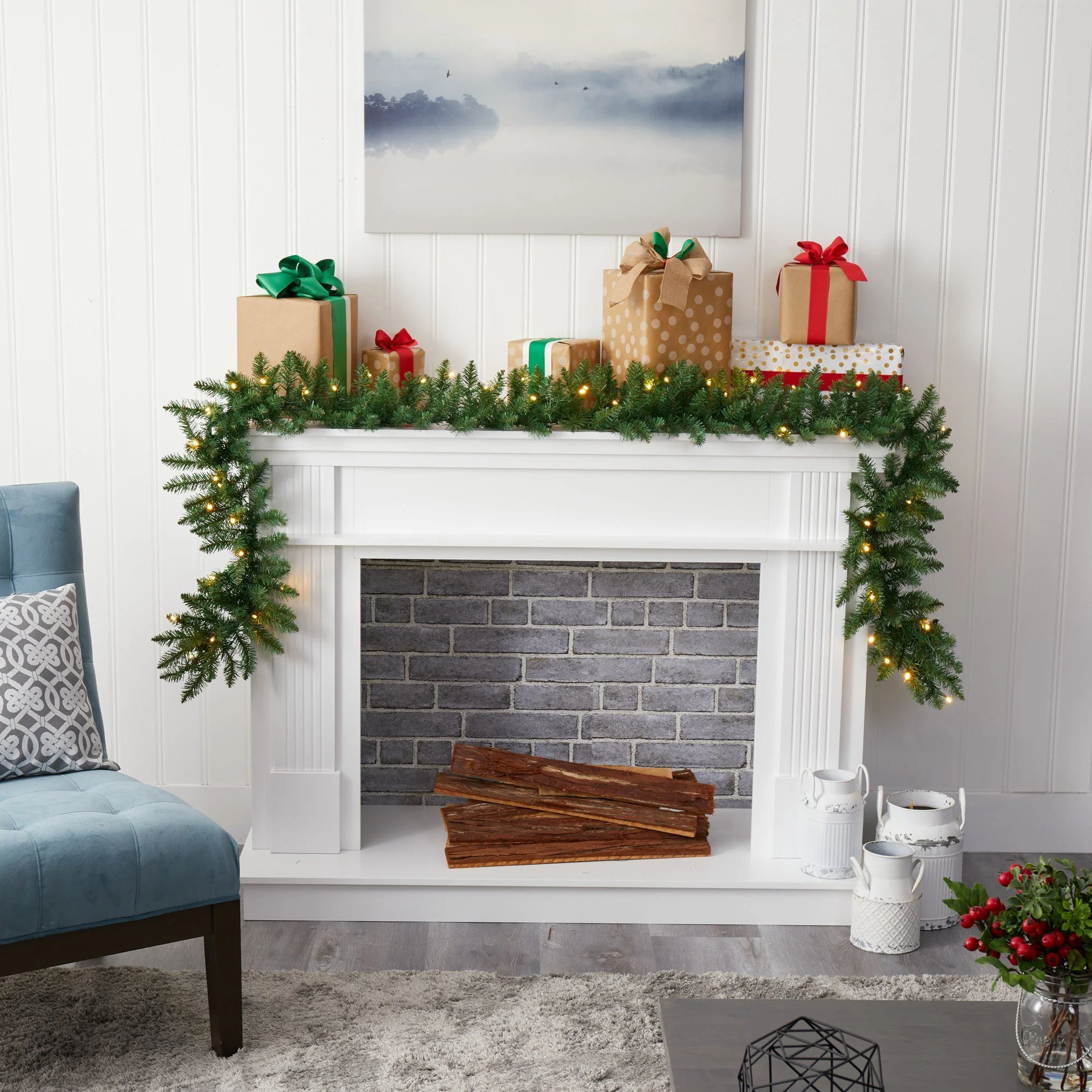 9’ Christmas Pine Artificial Garland with 50 Warm White LEDs Lights - Image 5