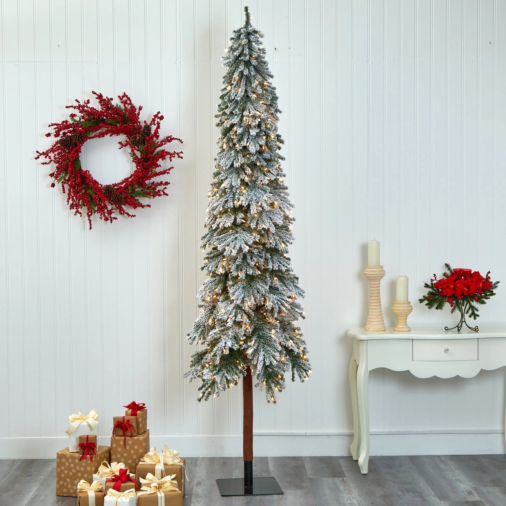 9’ Flocked Grand Alpine Artificial Christmas Tree with 600 Lights and 1183 Branches on Natural Trunk - Image 2