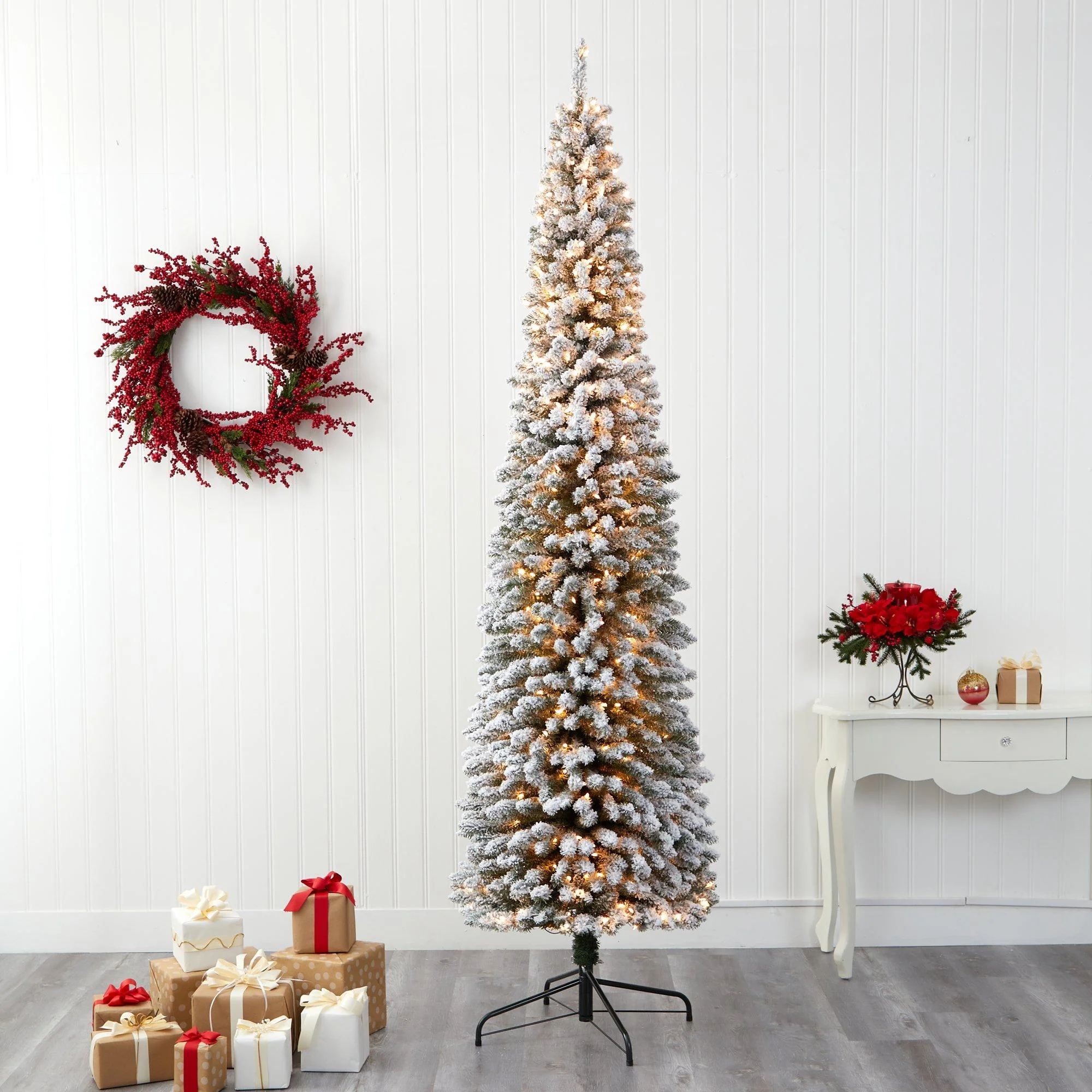 9’ Flocked Pencil Artificial Christmas Tree with 600 Clear Lights and 896 Bendable Branches - Image 2
