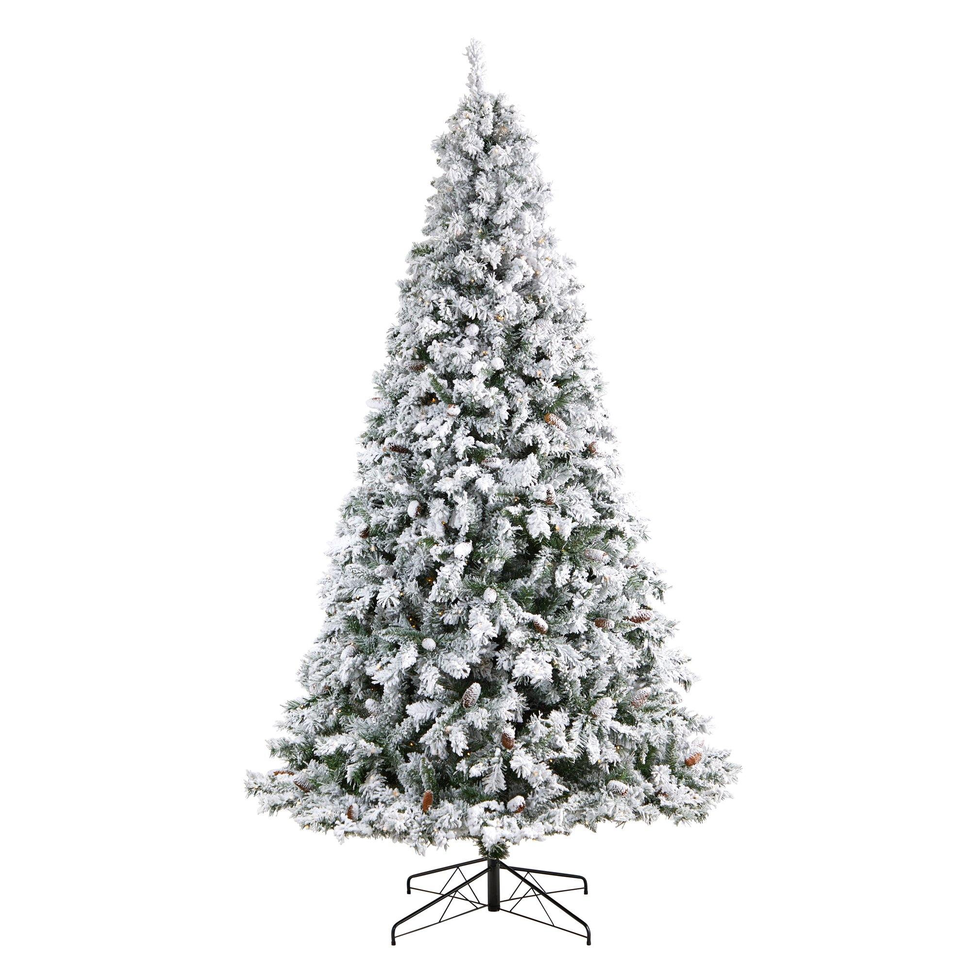 9' Flocked White River Mountain Pine Christmas Tree with Pinecones and 650 Clear LED Lights - Image 3