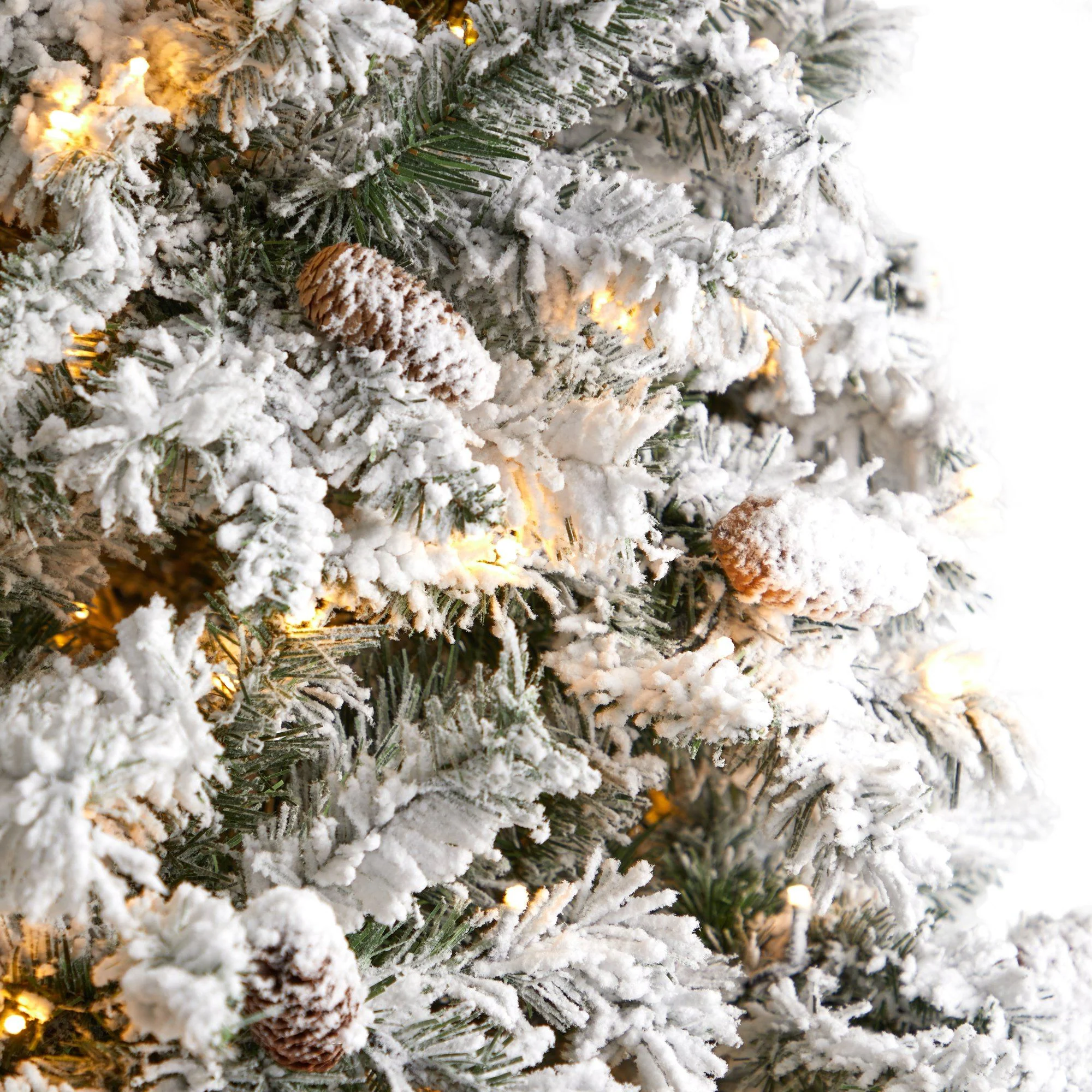 9' Flocked White River Mountain Pine Christmas Tree with Pinecones and 650 Clear LED Lights - Image 4