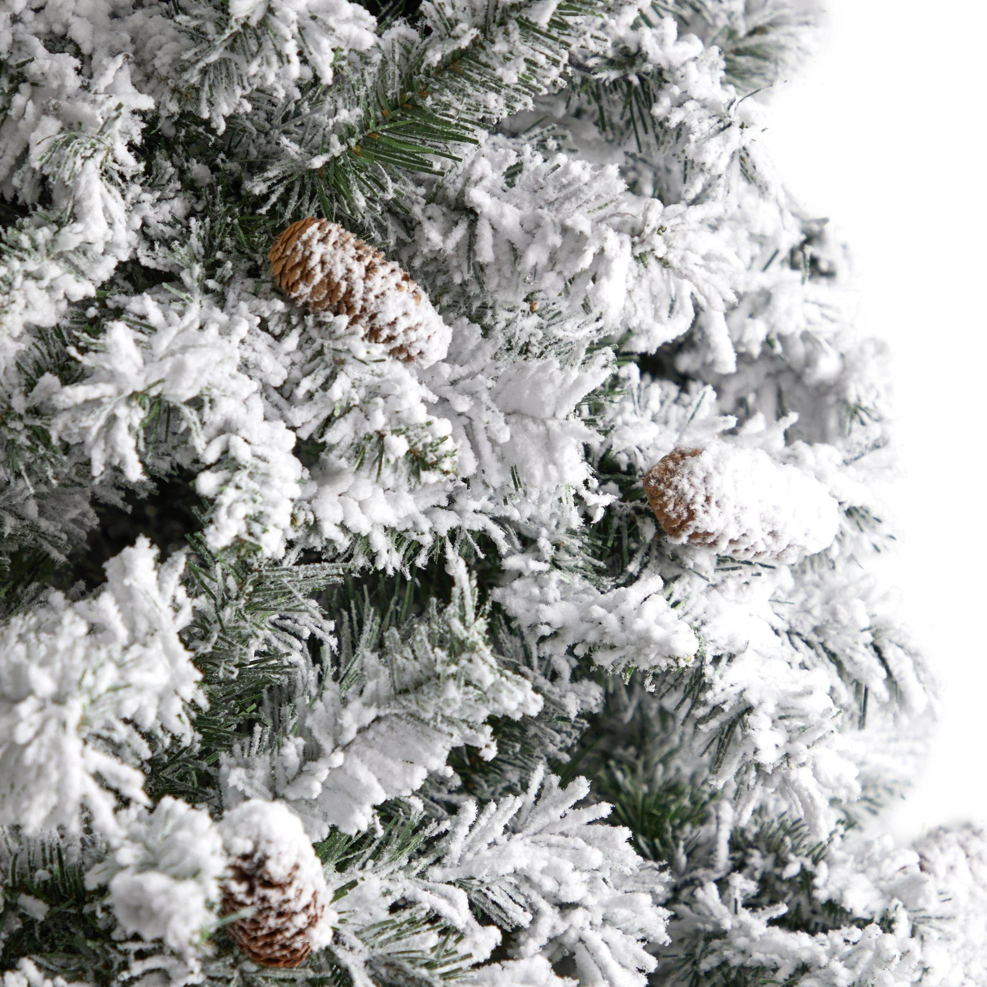 9' Flocked White River Mountain Pine Christmas Tree with Pinecones and 650 Clear LED Lights - Image 5