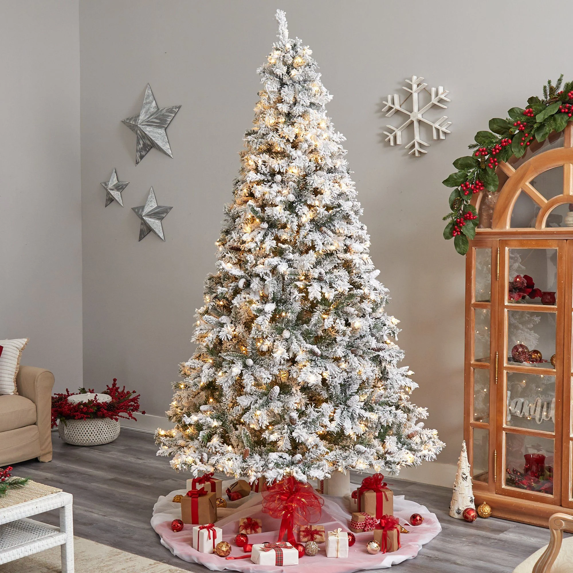 9' Flocked White River Mountain Pine Christmas Tree with Pinecones and 650 Clear LED Lights - Image 7